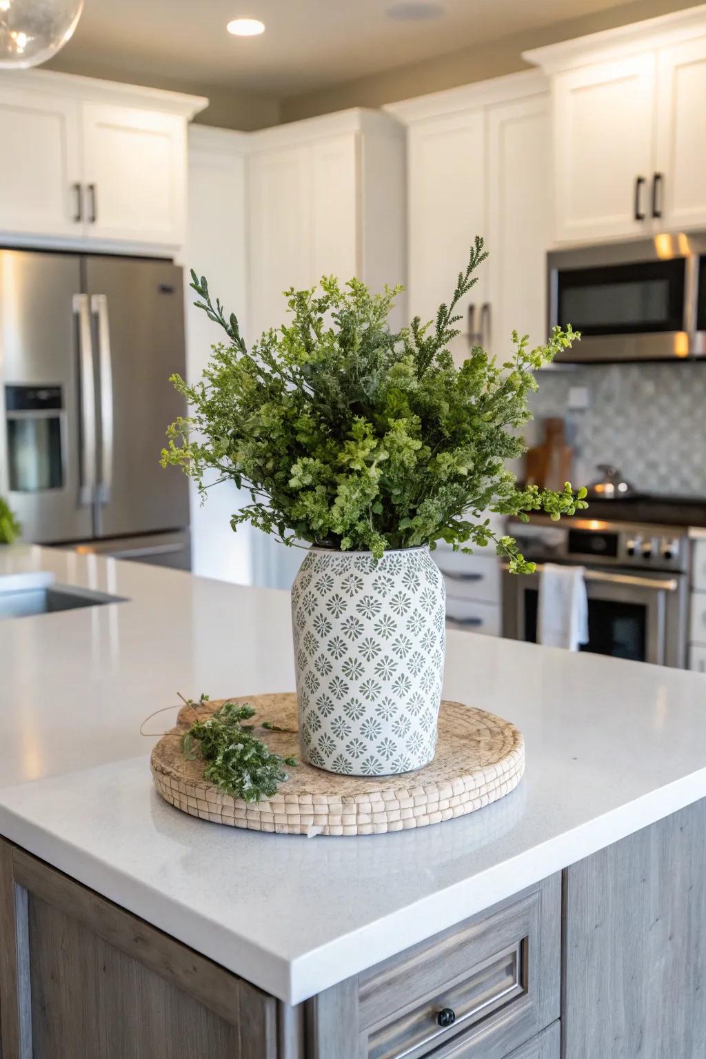 Kitchen island featuring a stylish faux herb arrangement.