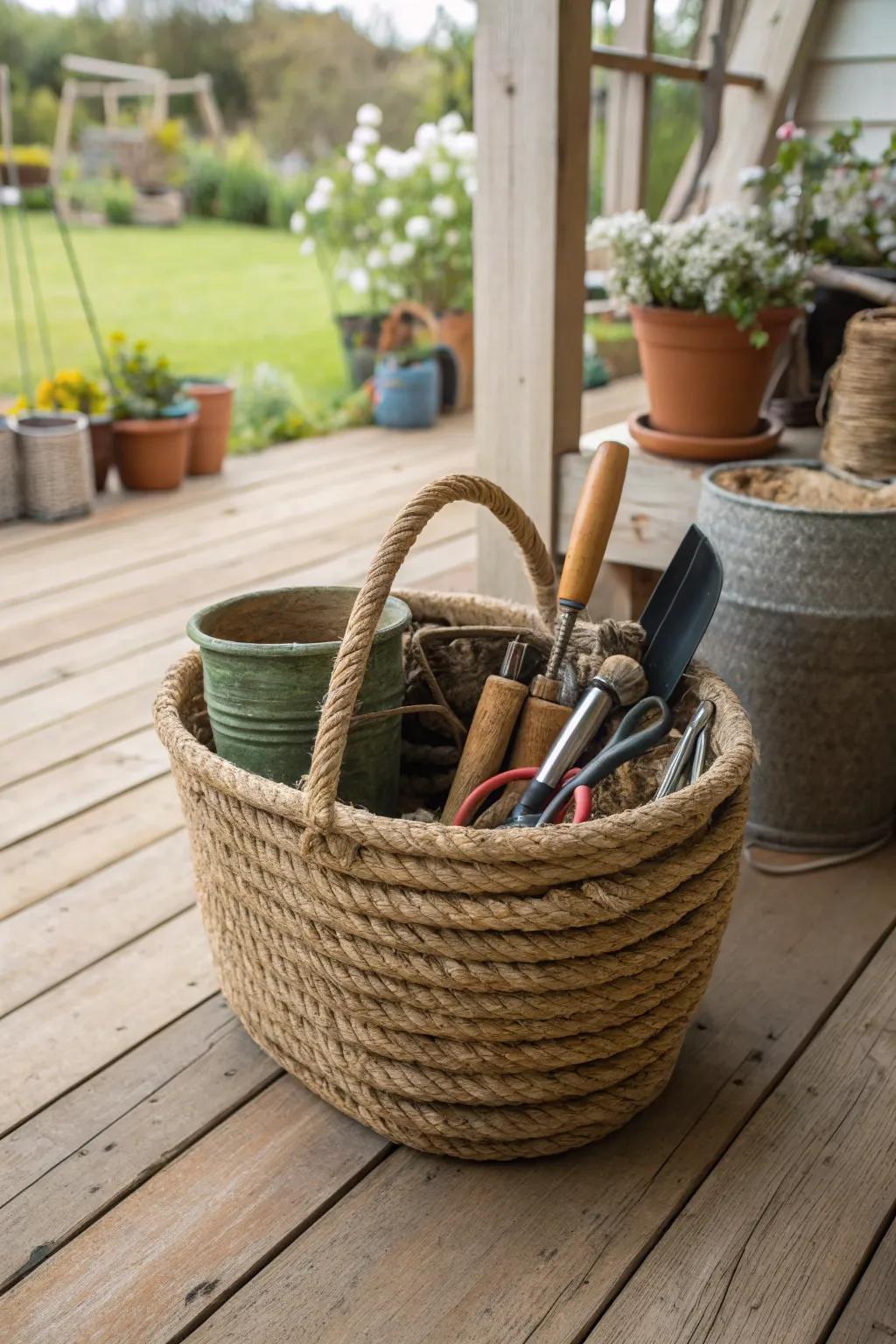 A rope basket is a stylish solution for outdoor organization.