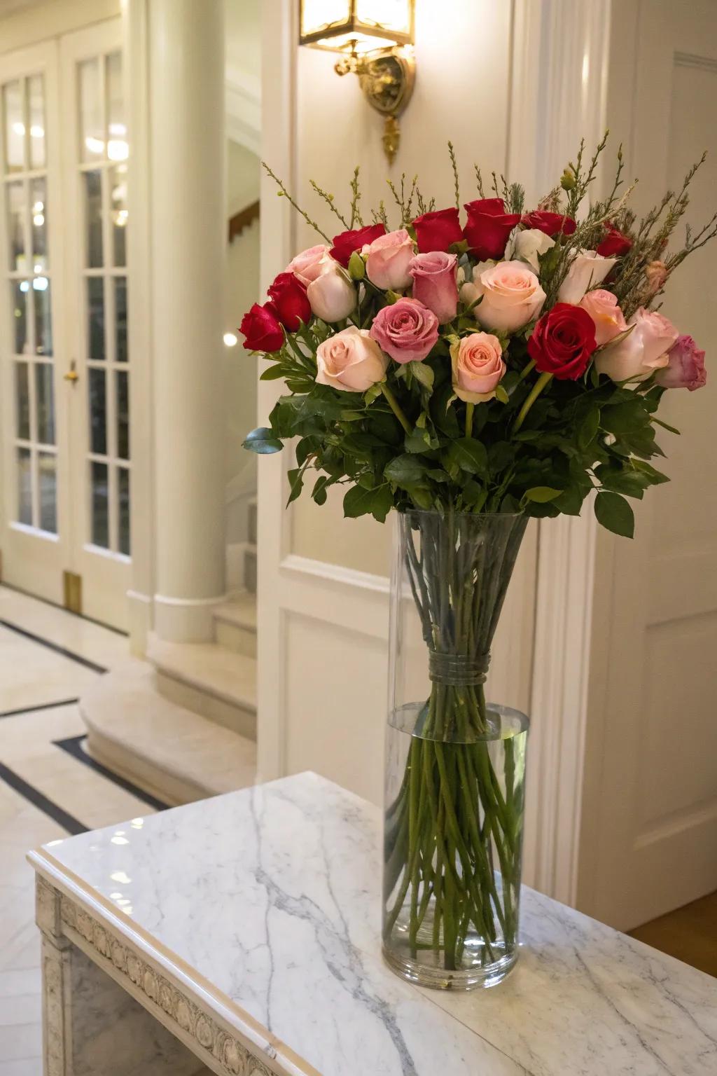 Tall cylinder vases create an elegant and dramatic rose display.