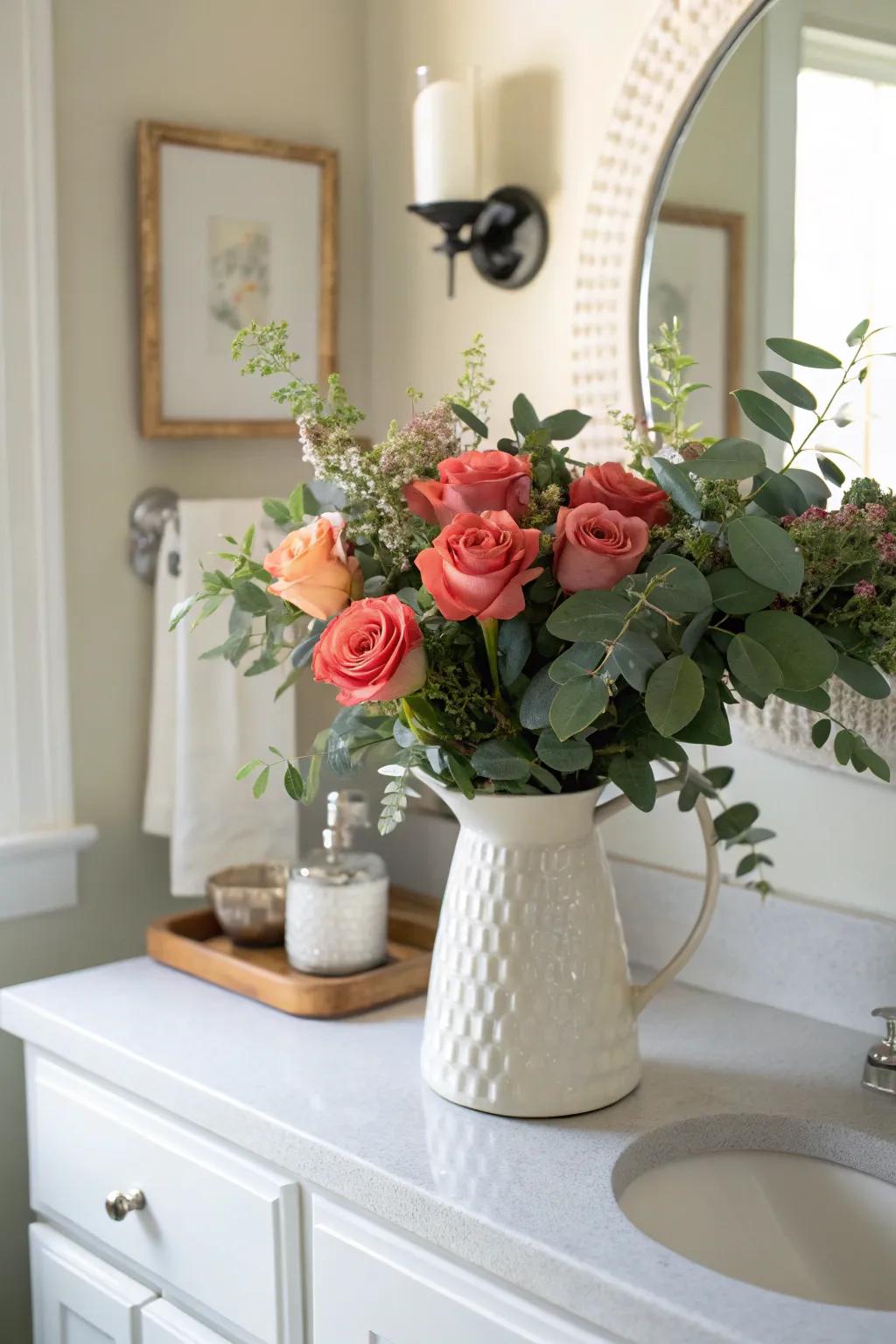 Roses with eucalyptus provide a fresh and fragrant display.