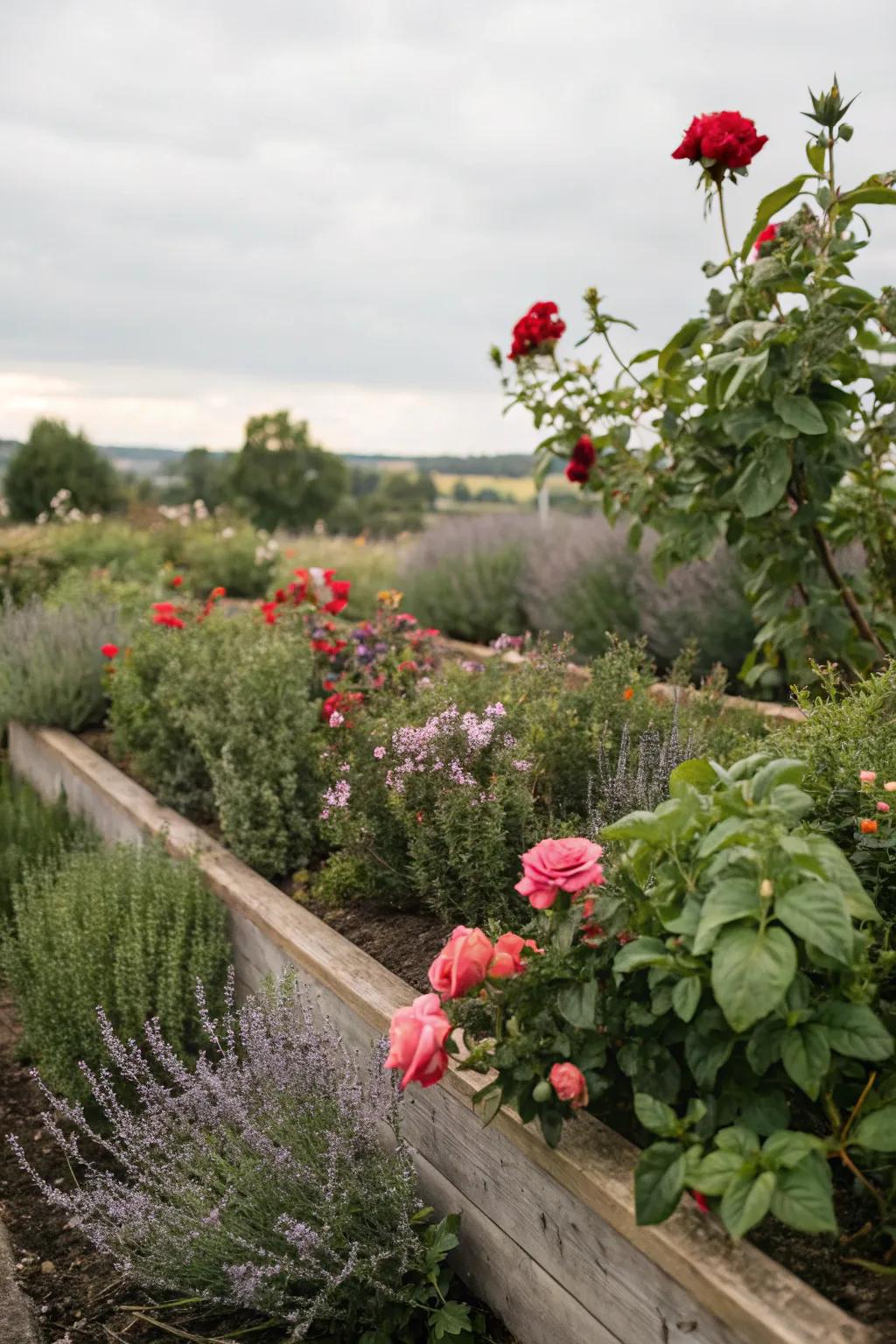 A mixed garden of roses and edible plants, offering beauty and utility.