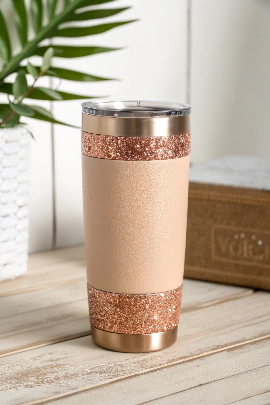 Elevate your everyday with this chic faux leather and rose gold glitter tumbler.