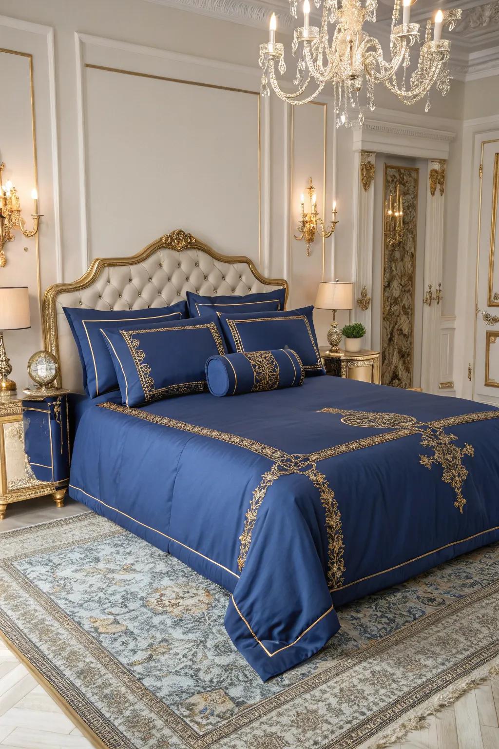 Gold threading in royal blue bedding adds a subtle shine.