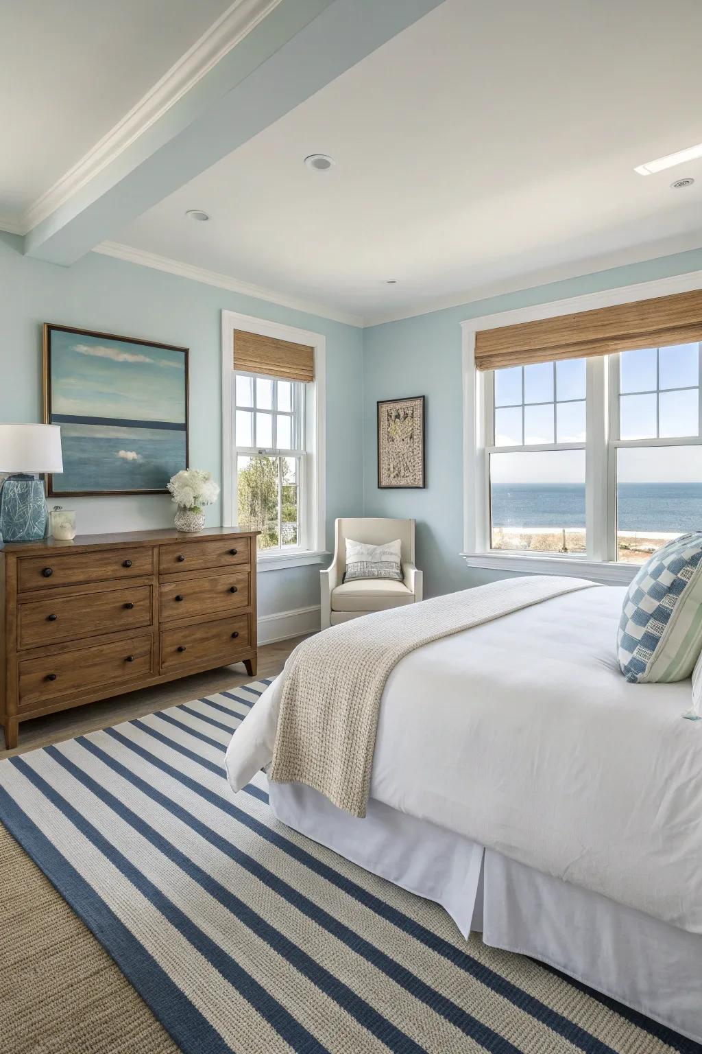 A striped rug adds a modern twist and visual movement to a coastal-inspired bedroom.