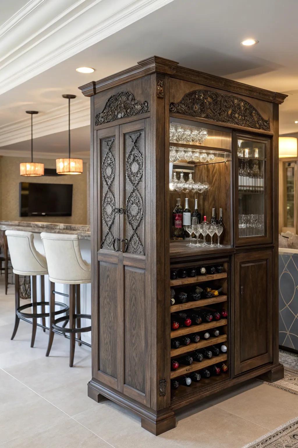 A bar cabinet with wine and stemware storage, ideal for the organized host.