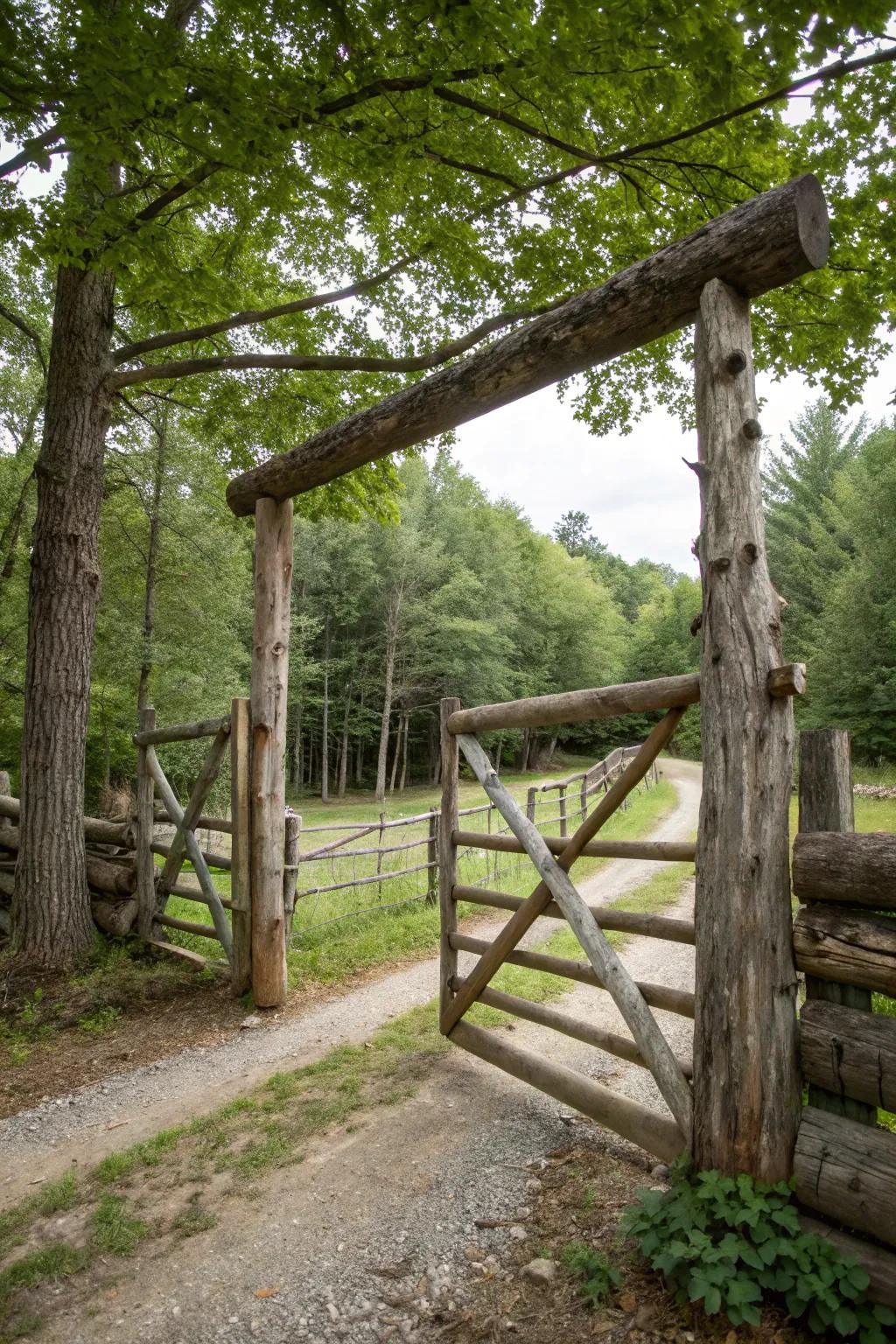 Log gates make a bold statement of rustic simplicity.