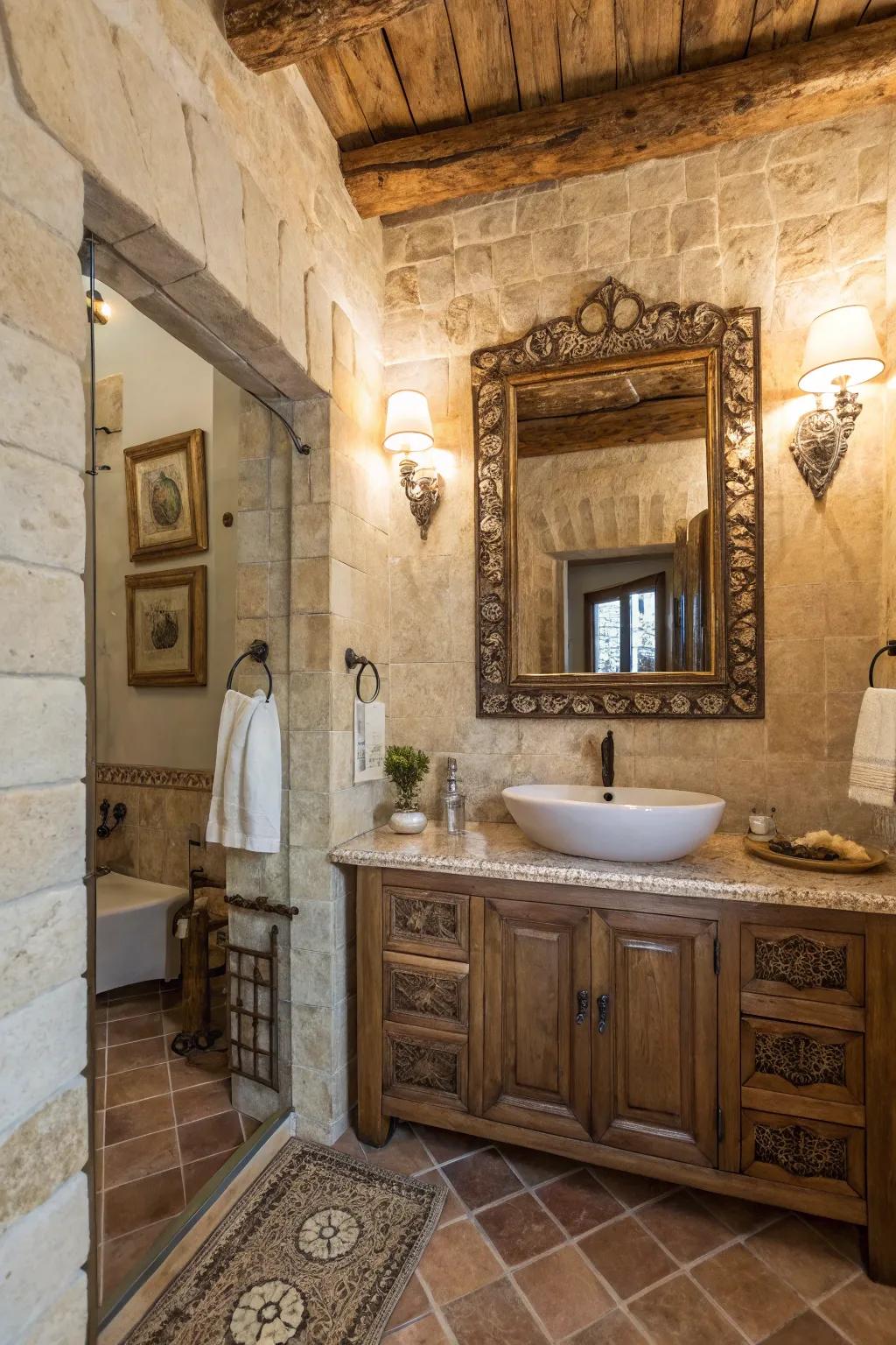 Vintage touches add nostalgia and warmth to a travertine bathroom.