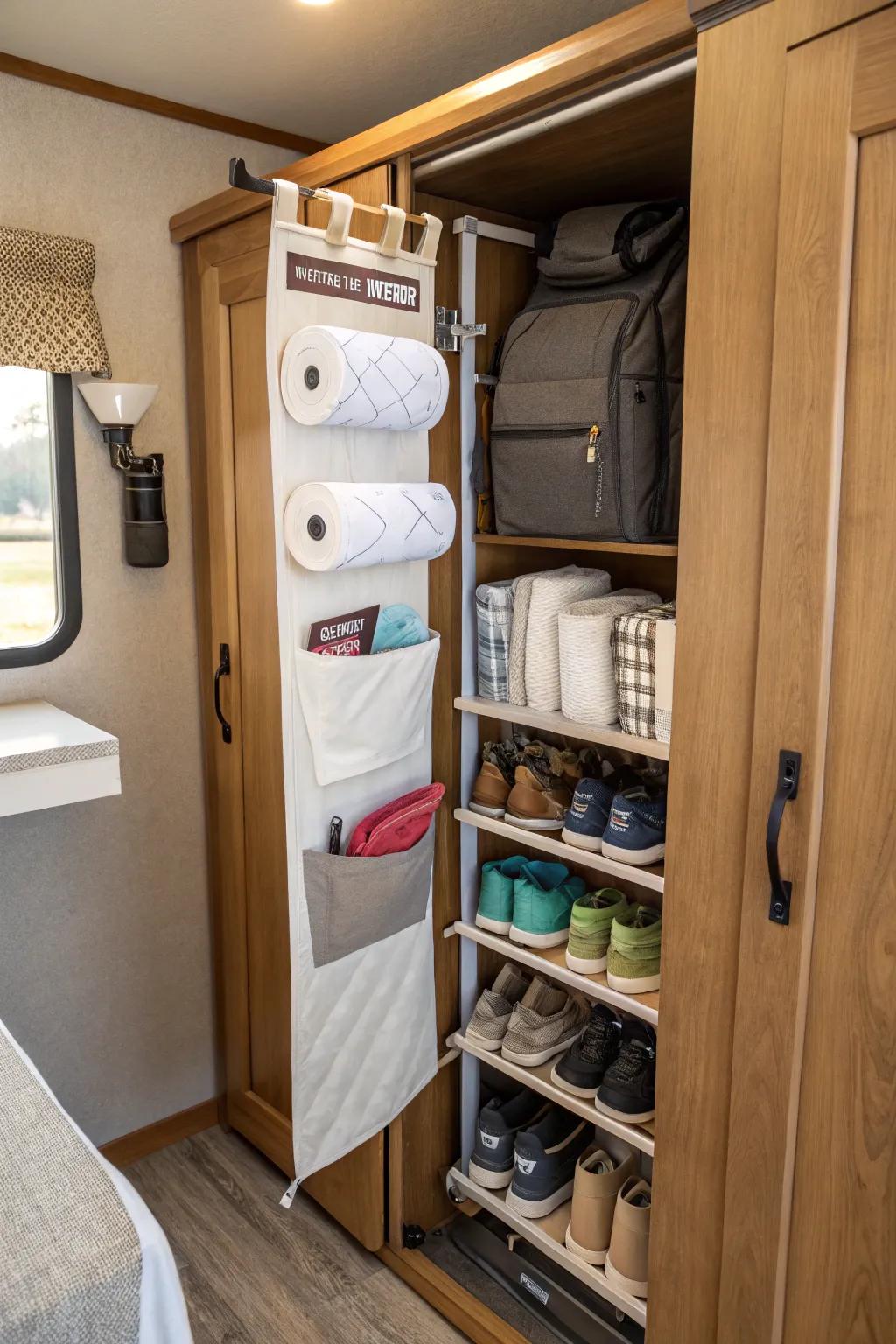 A shoe rack repurposed for storing paper towels efficiently.