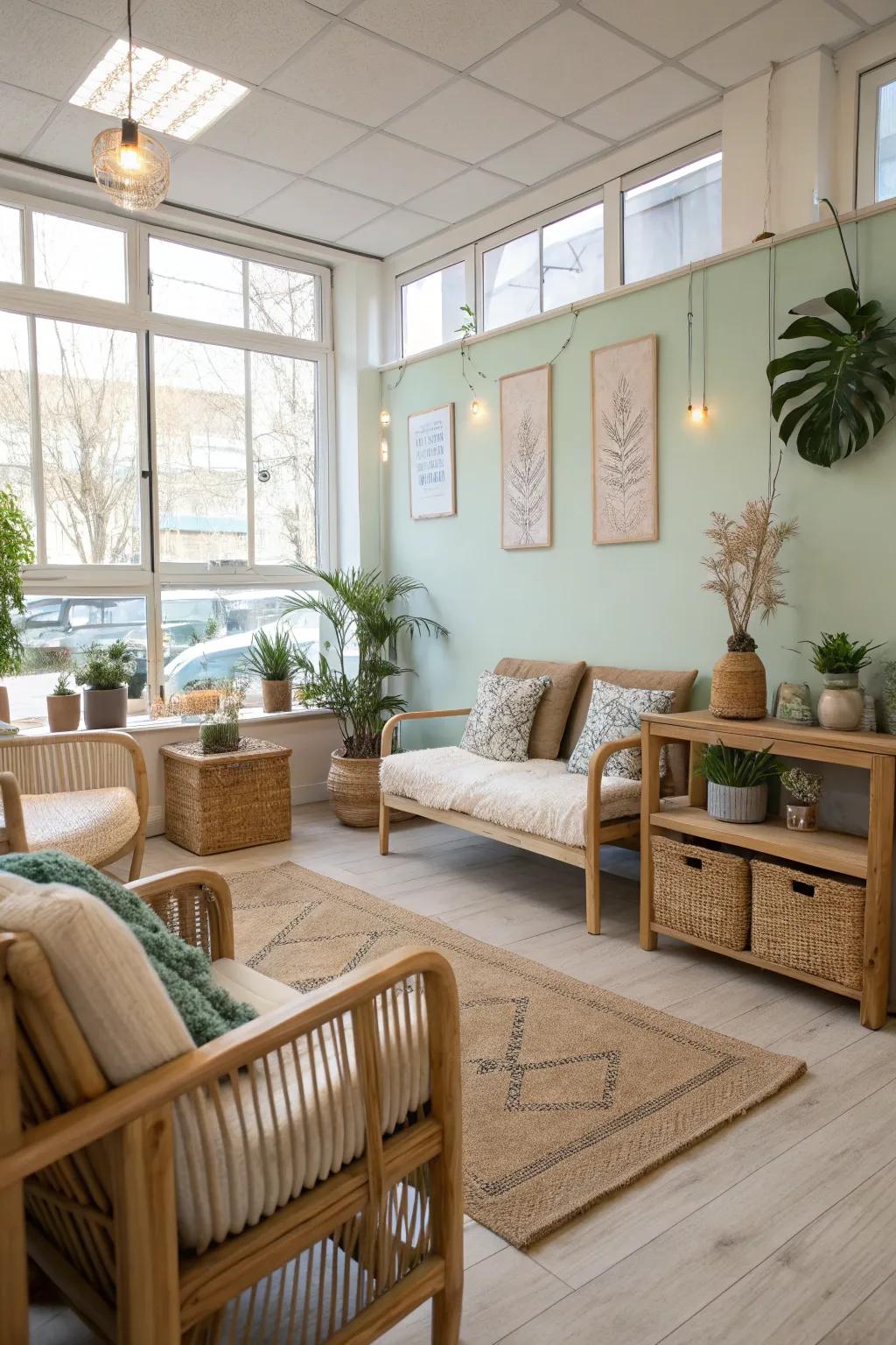 Scandinavian simplicity offers a serene salon waiting area.