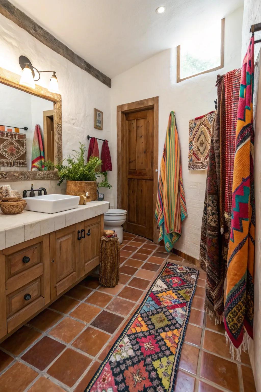 An eclectic bathroom featuring Saltillo tile flooring and vibrant textiles.