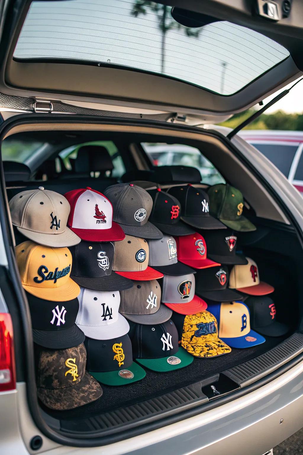 A collection of baseball caps adds color and personality to your display.