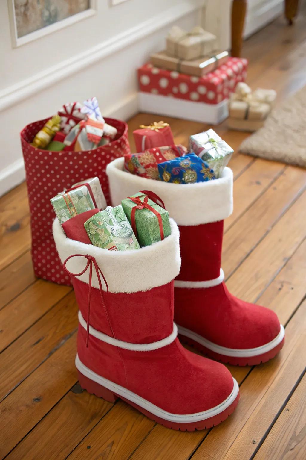 Personalize your gifts with festive Santa boots.