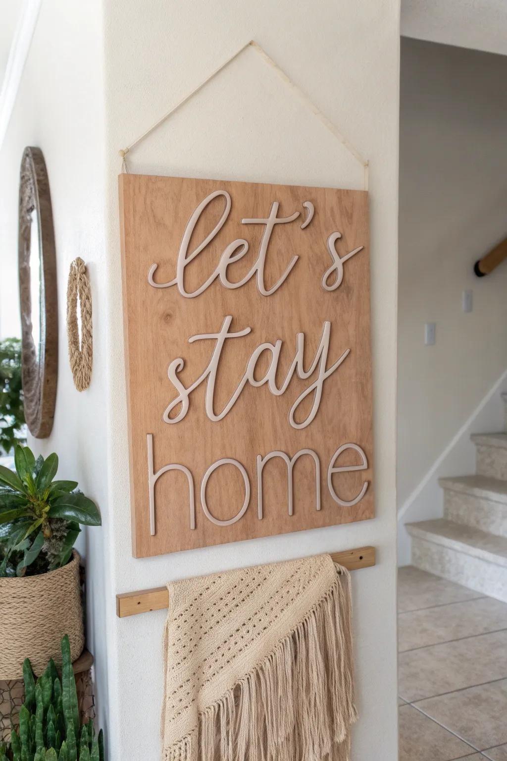 Embrace the warmth of home with this charming 'Let's Stay Home' sign, blending Scandinavian simplicity with a touch of boho elegance.