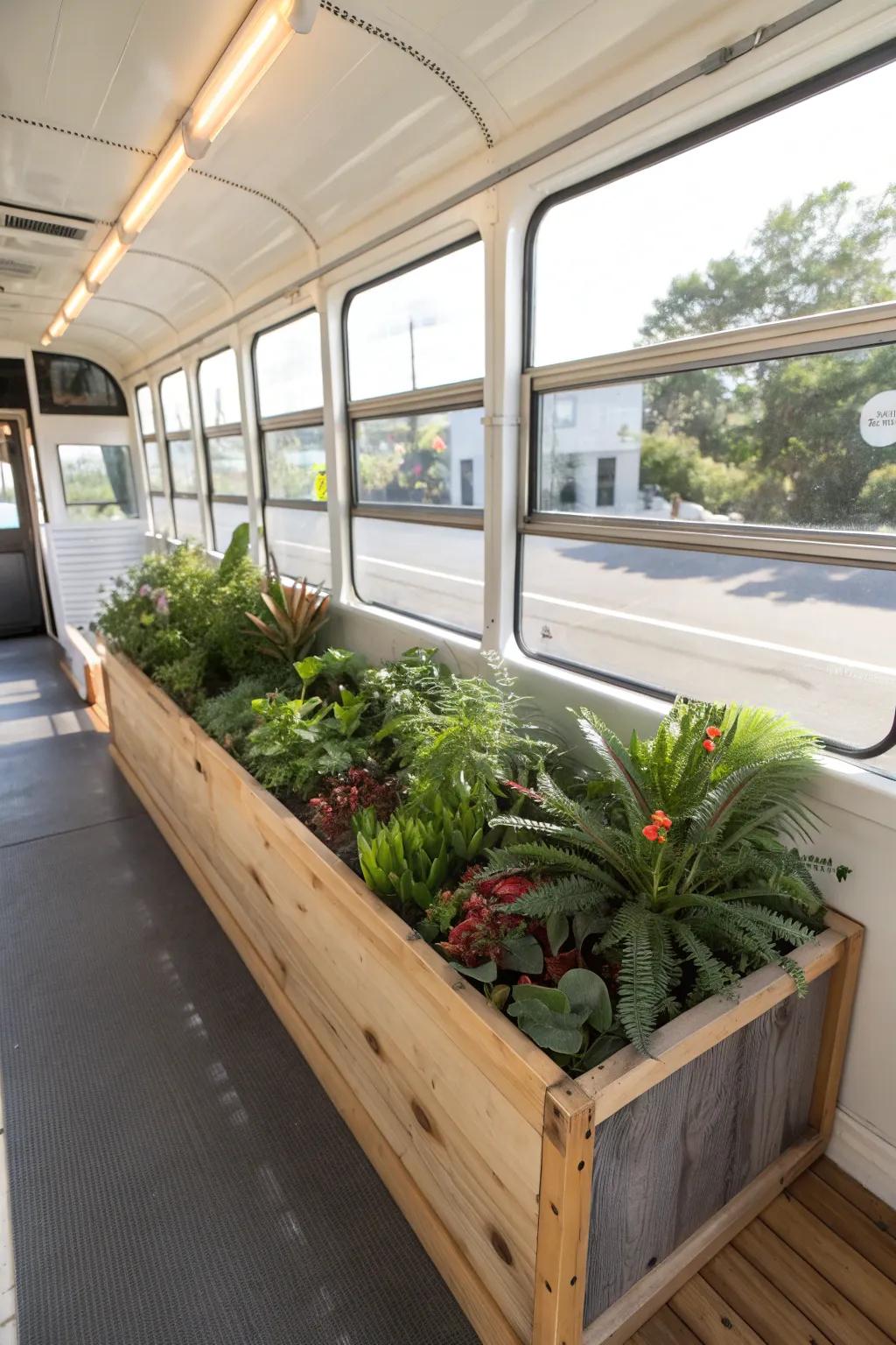 Transform your space with themed plant areas in a minimalist school bus greenhouse—your personal world tour of nature's diversity!