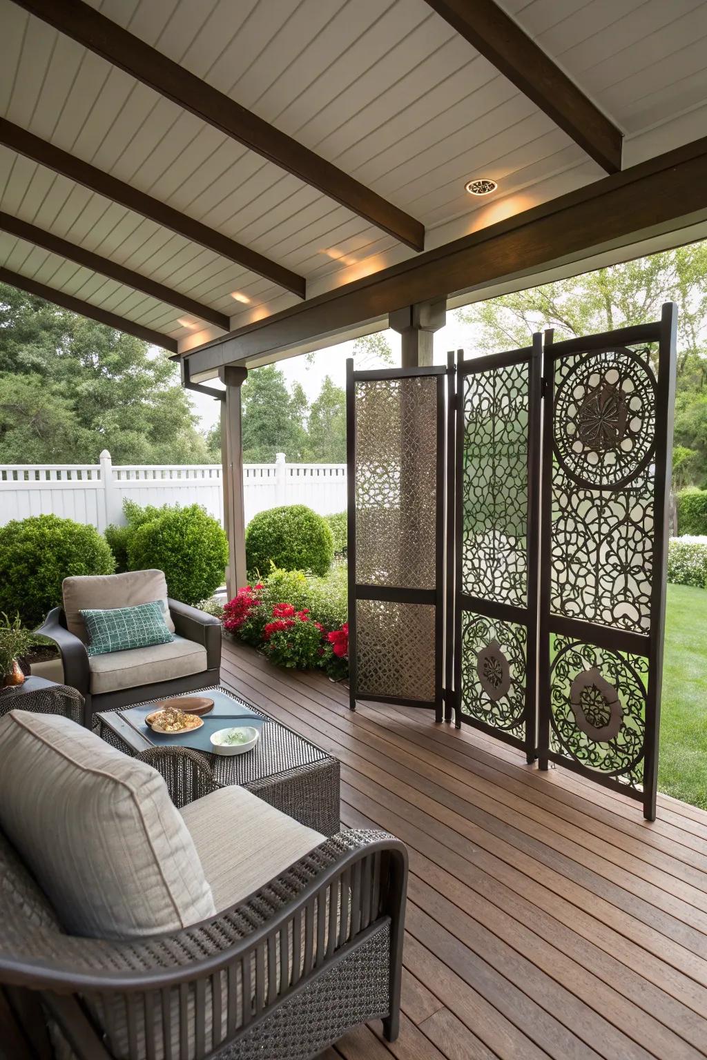 Privacy screens enhance seclusion and style on your screened porch.