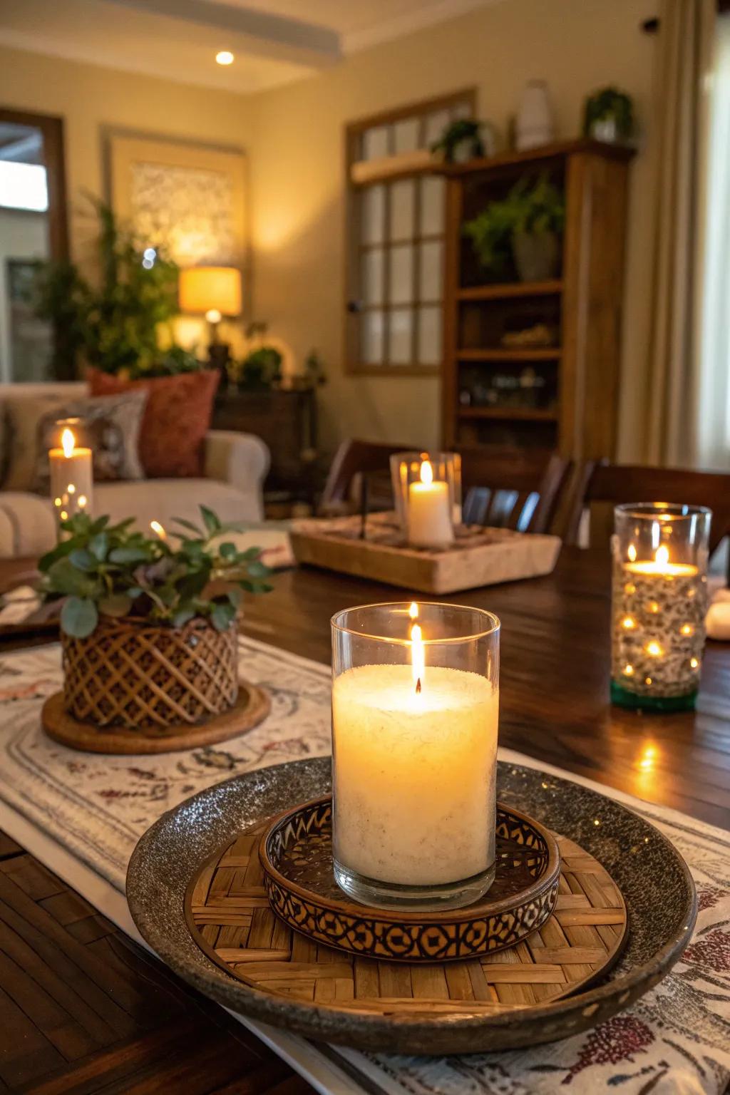 Scented candles enhance ambiance with their gentle glow and fragrance.