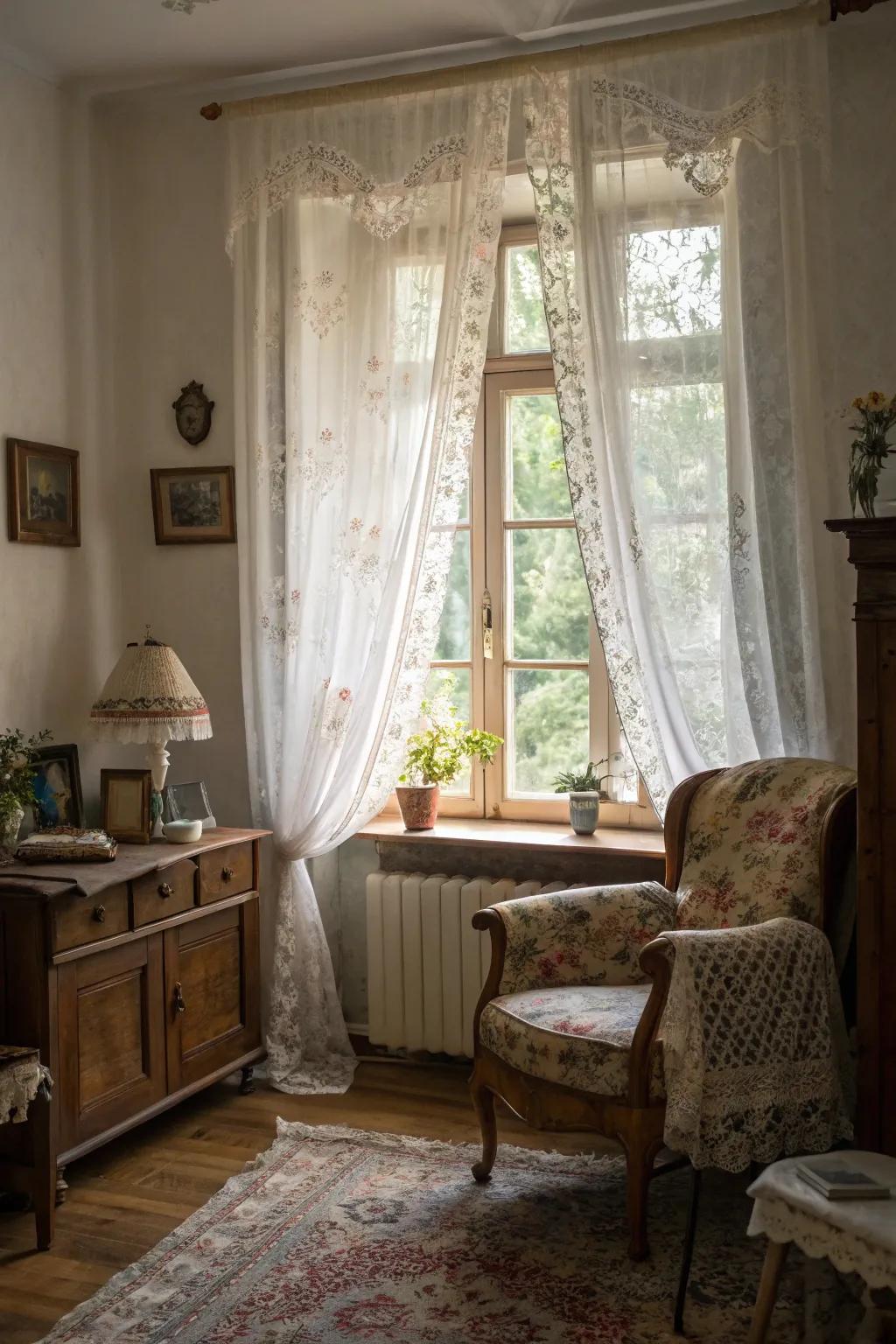 Lace curtains add a romantic touch to a shabby chic room.