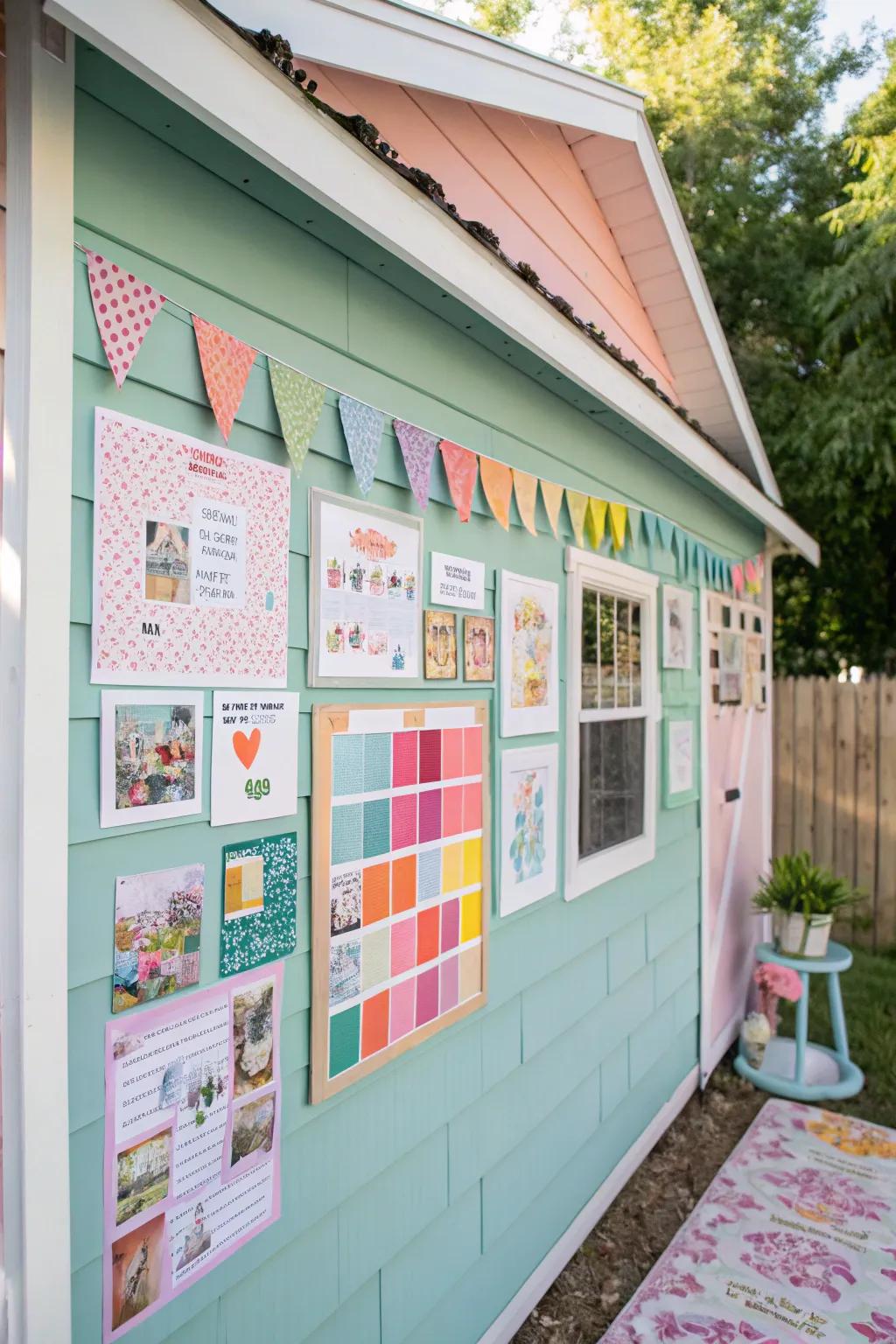 An inspiration board serves as a visual muse in a she shed craft room.