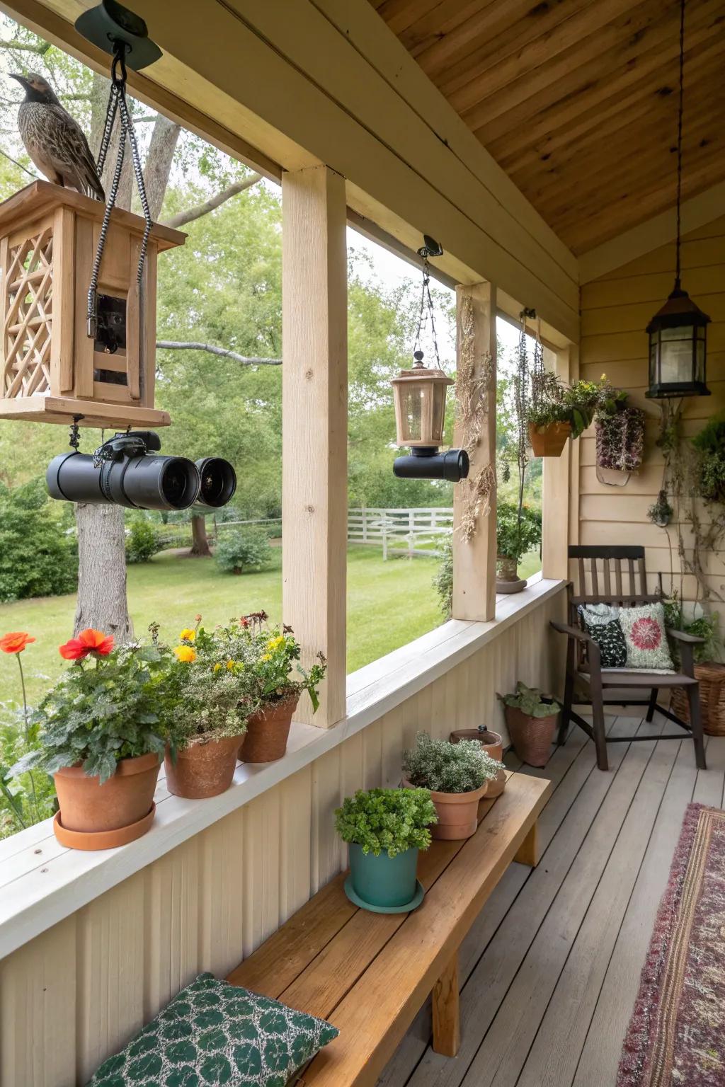 Enjoy a birdwatching haven on your porch with feeders and binoculars.