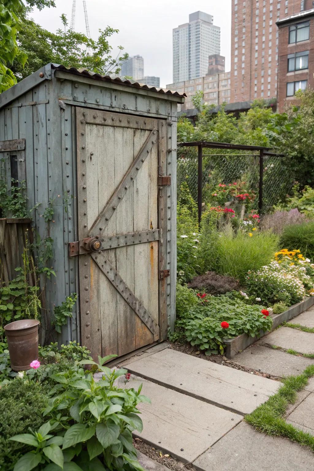 Industrial rivet trim adds a bold, mechanical touch to this shed door.