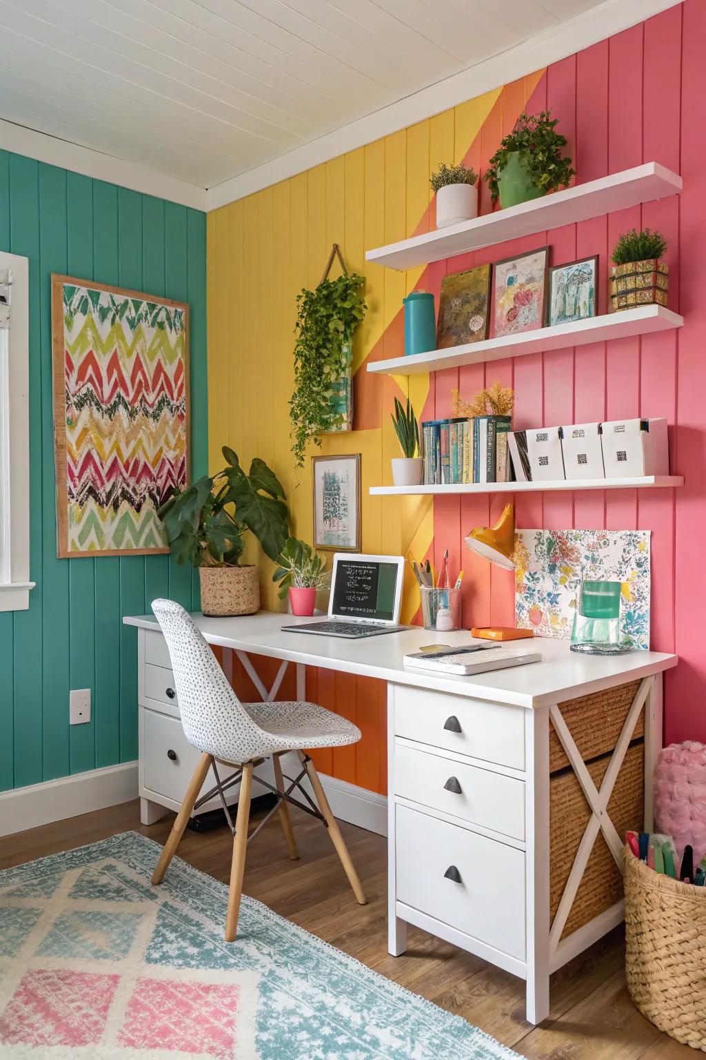 A vibrant home office with colorful shiplap wainscoting.