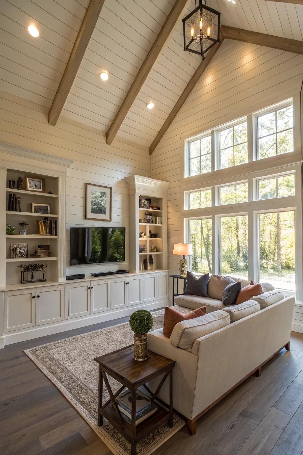 A living room featuring shiplap-clad built-ins.