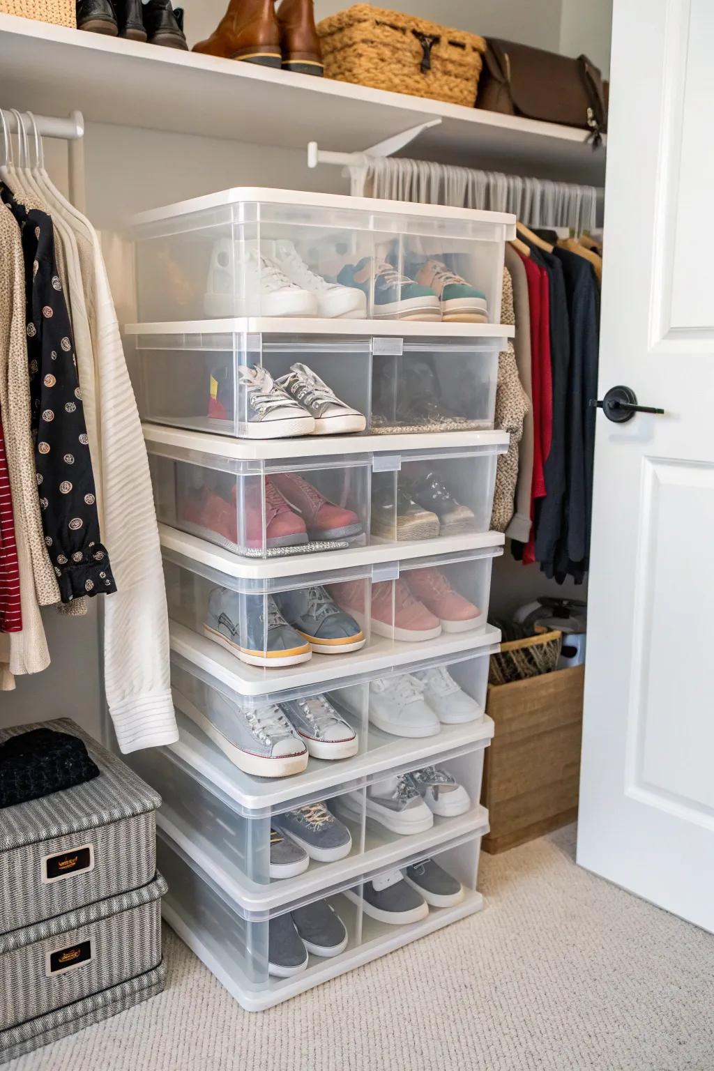 Clear bins offer a minimalist approach to shoe storage.