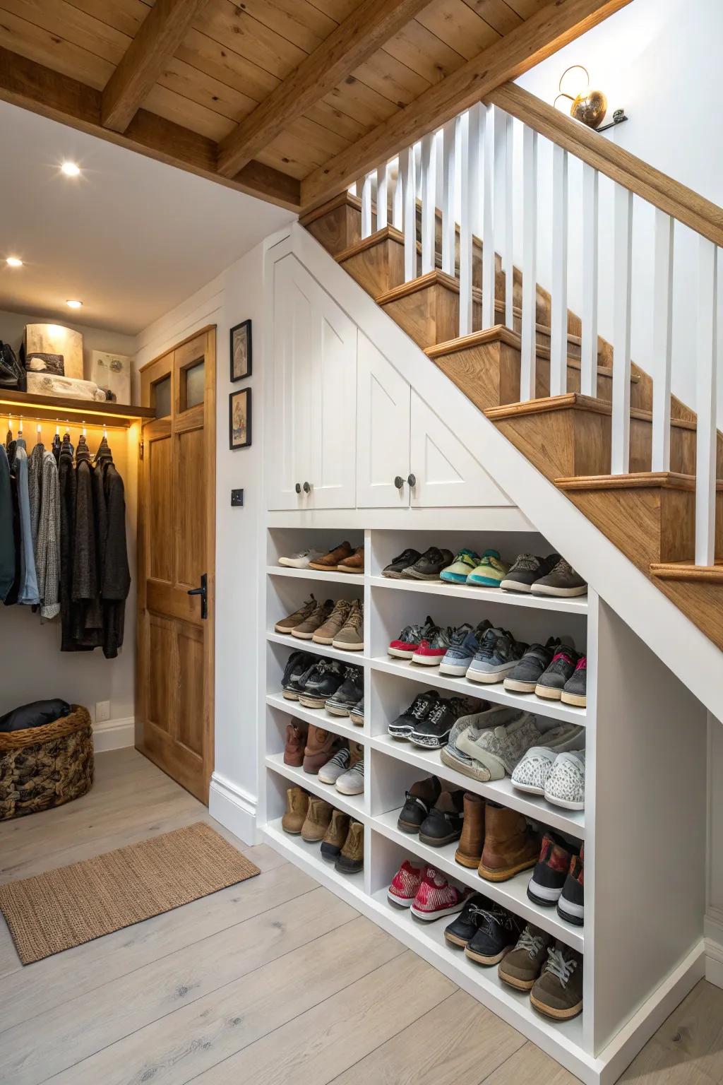 Maximize under-stair space with clever shoe storage solutions.