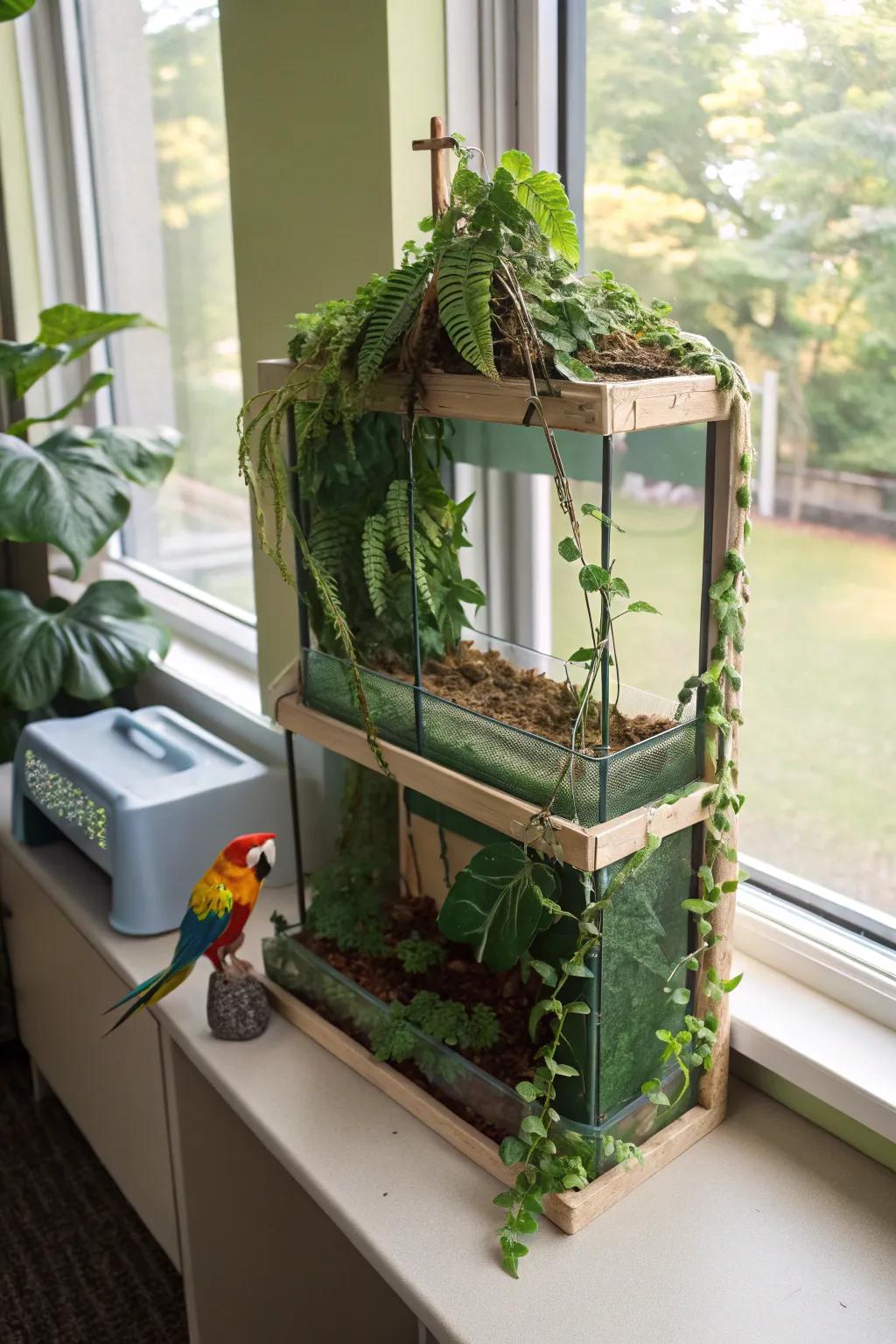 Explore the vibrant canopy of the rainforest with this elevated shoebox habitat.