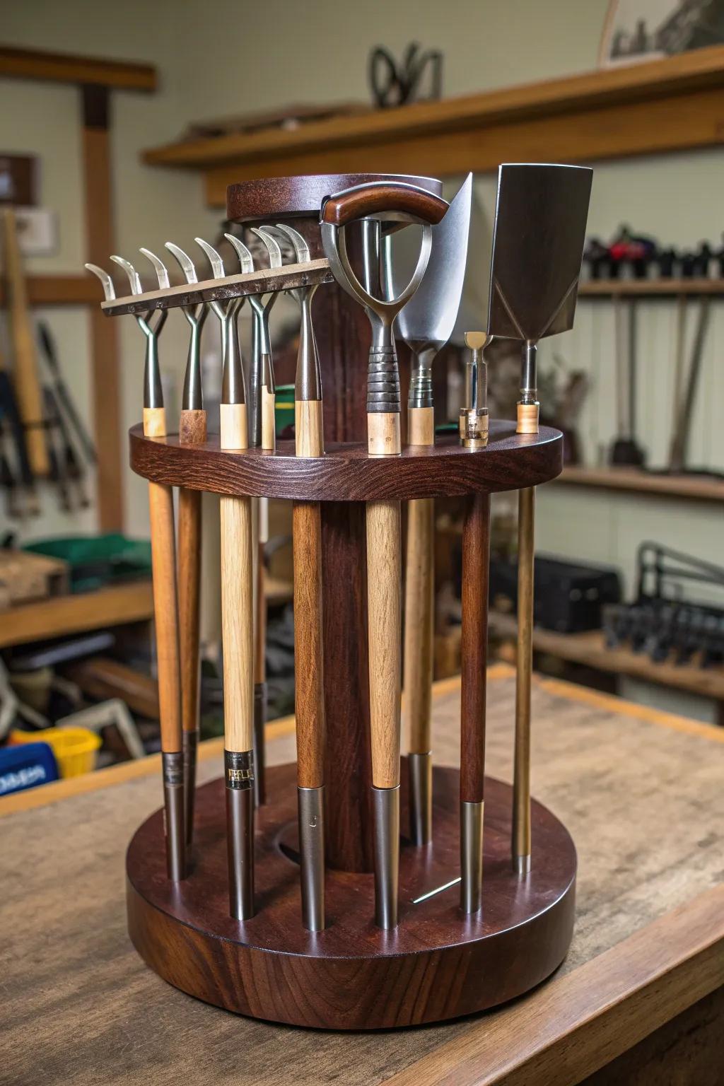 Revolutionize your workshop with this stylish rotating tool rack.