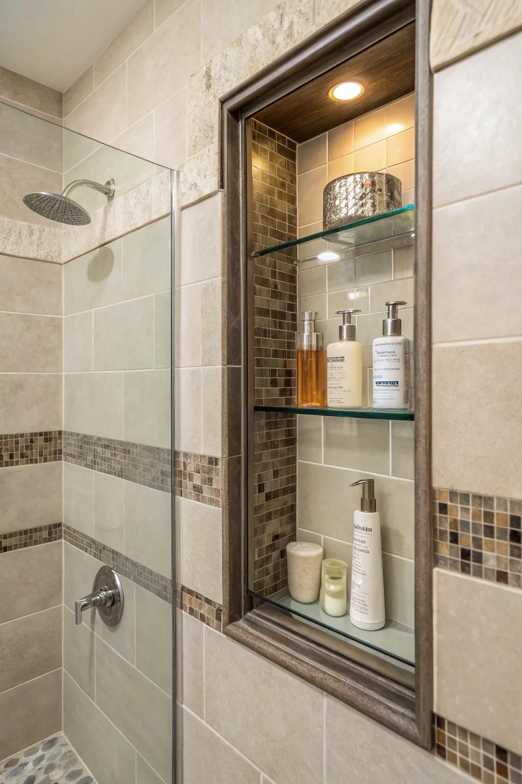 Mixed materials create dynamic and interesting shower niches.