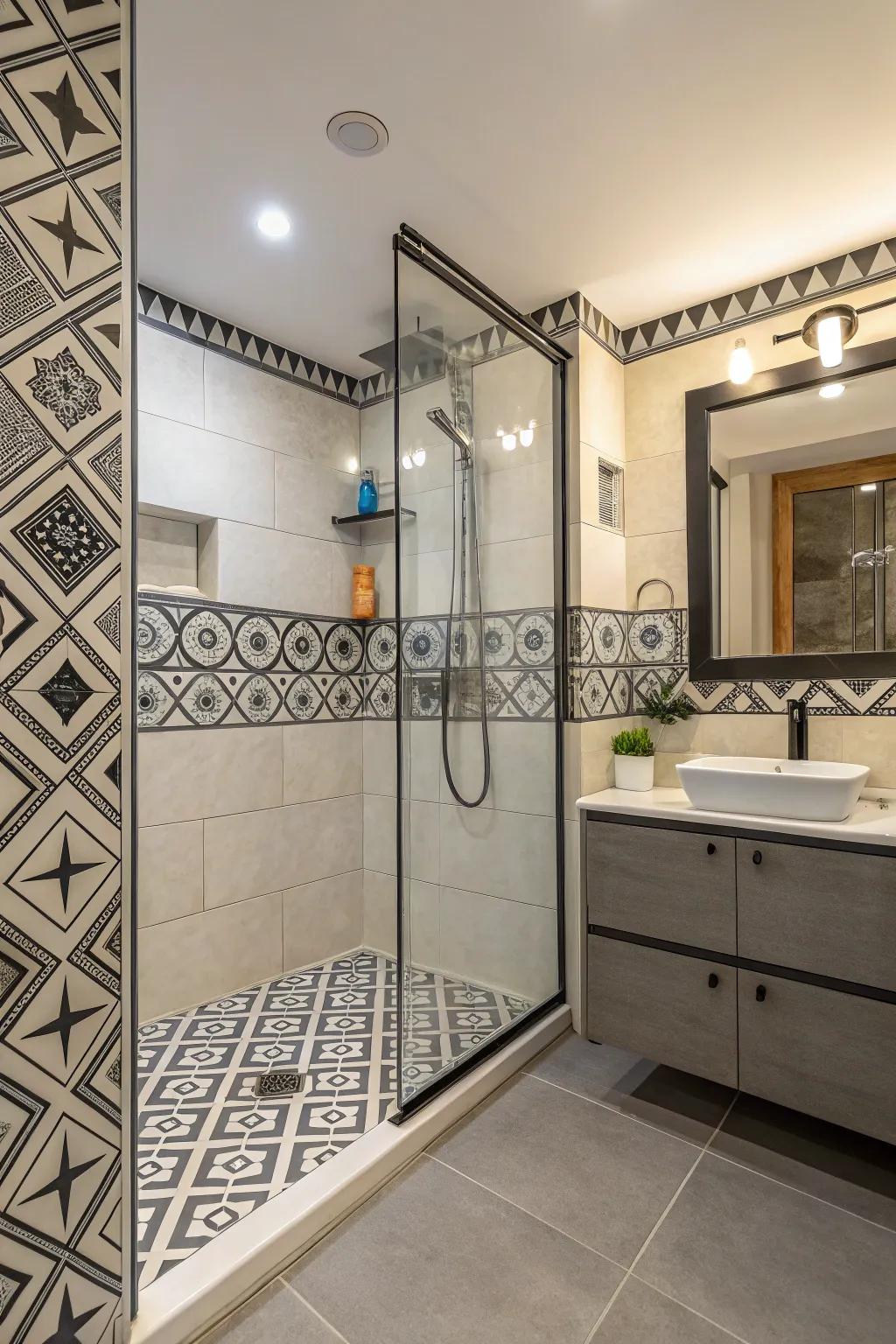 Geometric patterns offer a bold and modern touch to shower borders.