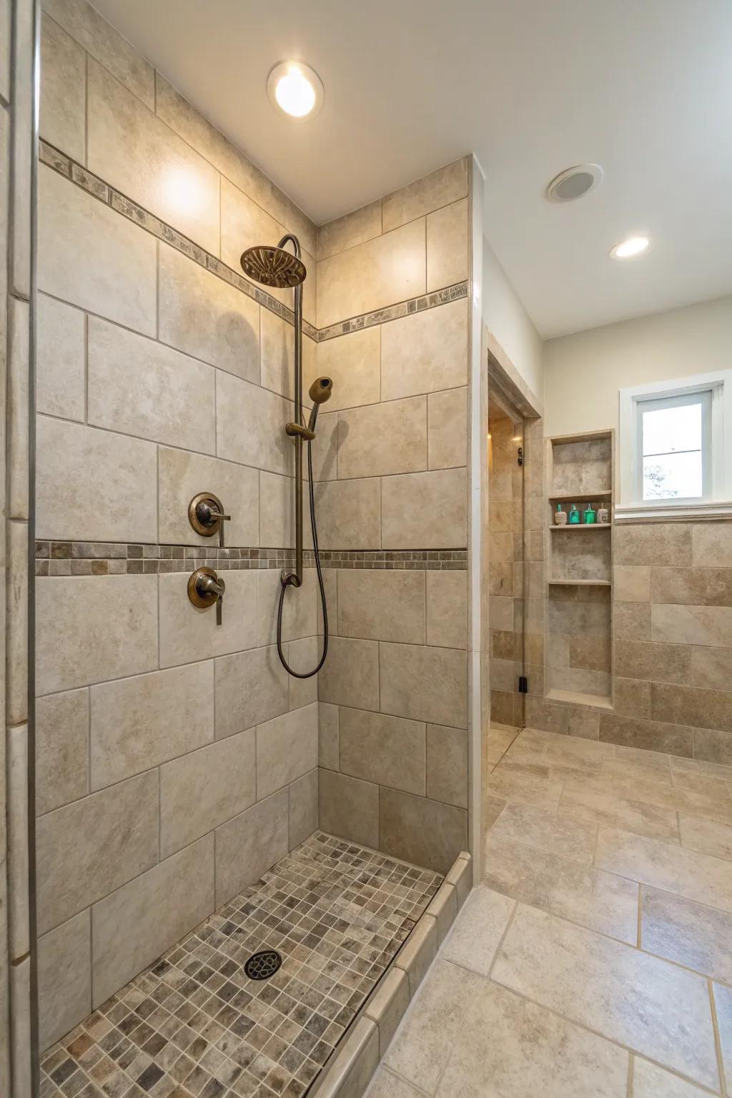 Neutral tiles create a serene and calming shower environment.