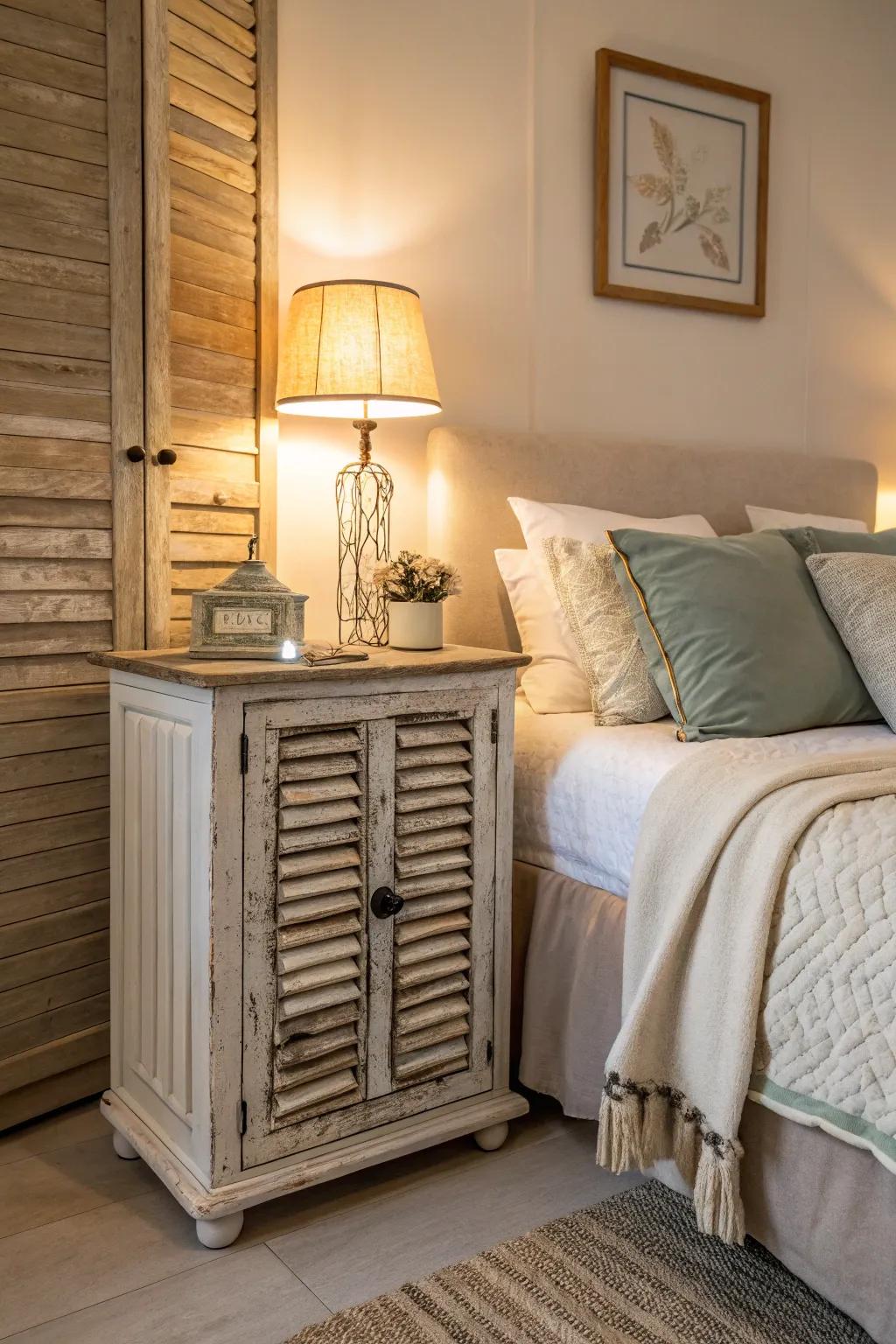 A cozy bedside table made from shutter doors.