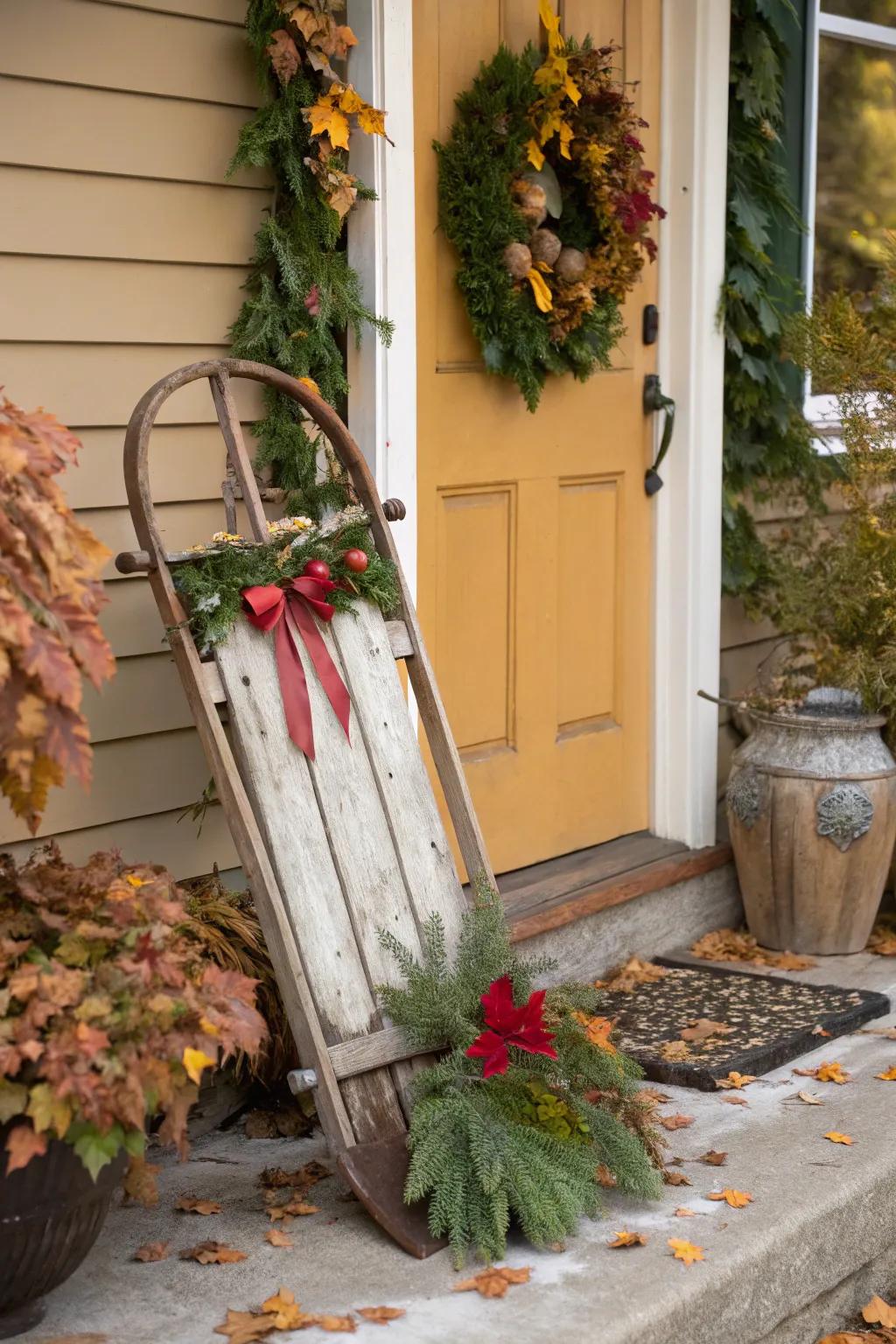 A rustic sled adding nostalgic charm to the entrance.