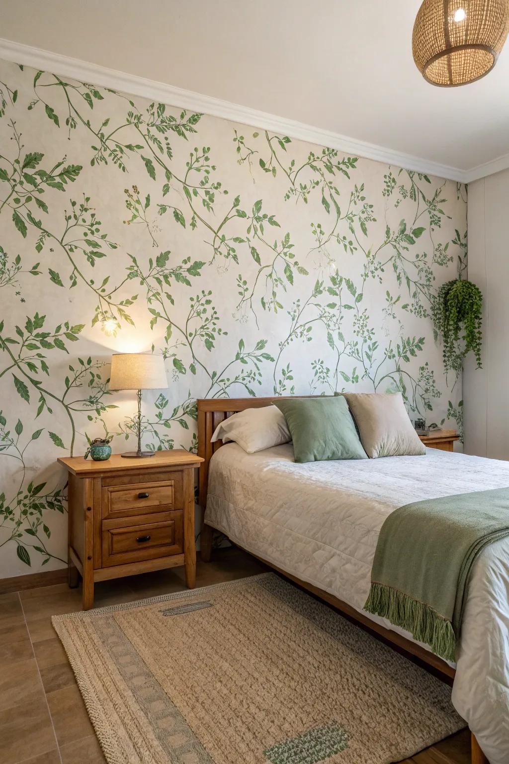 Botanical green wallpaper adds vibrancy and life to the room.