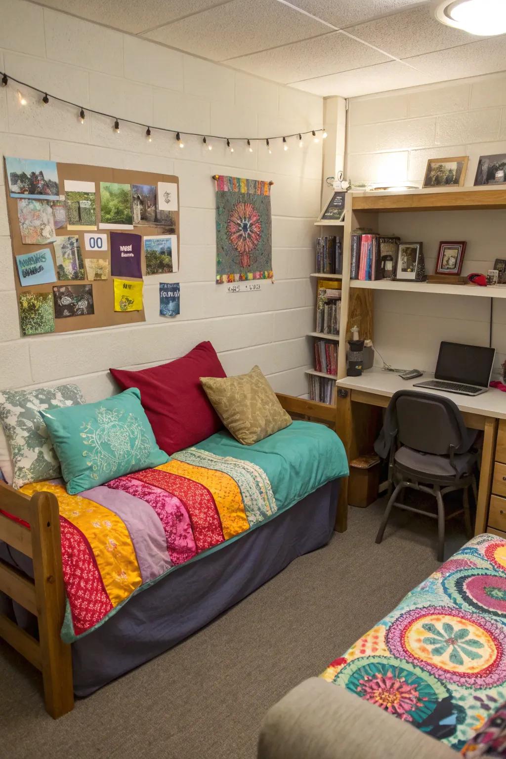 Colorful throw pillows add a vibrant touch to a dorm room's decor.