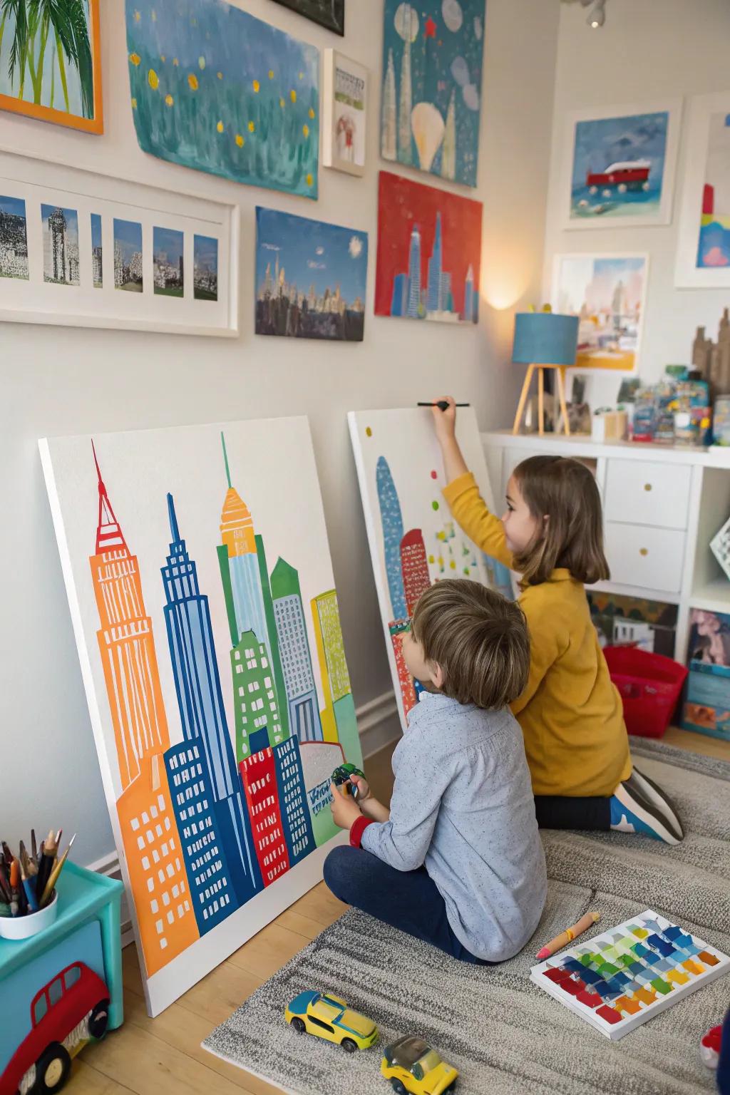 Kids exploring urban creativity with cityscape paintings