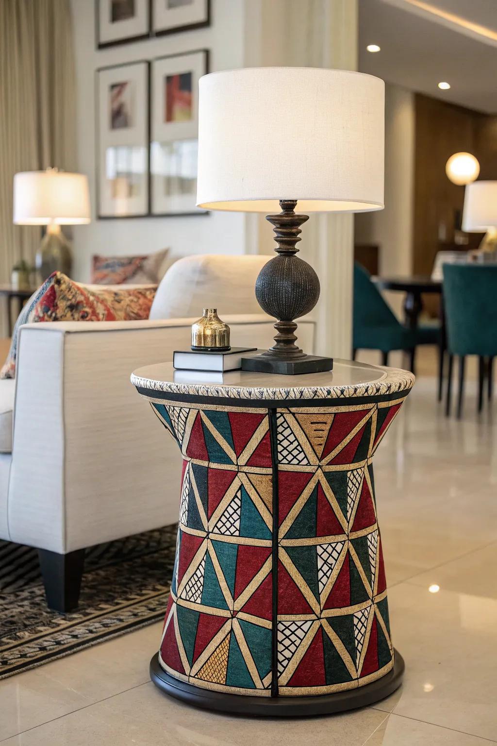 A side table with a geometric patterned skirt, creating a chic contrast in a contemporary setting.