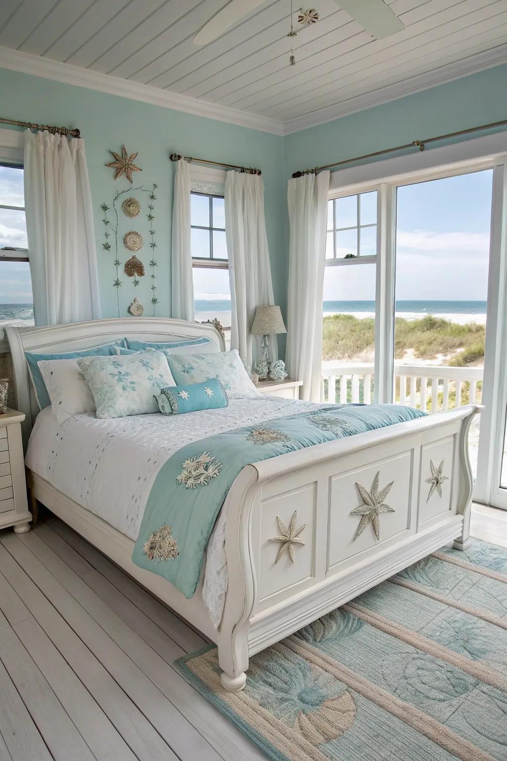 A coastal theme brings a serene and breezy feel to this sleigh bed.