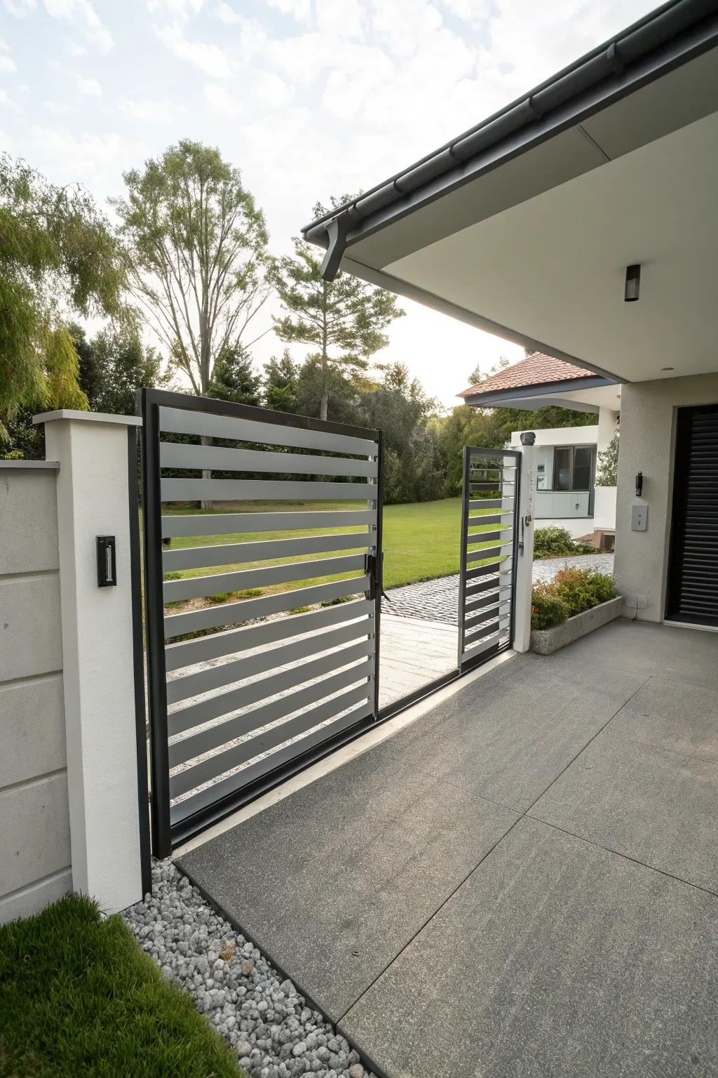 Horizontal lines lend a modern and sophisticated touch to this sliding gate.