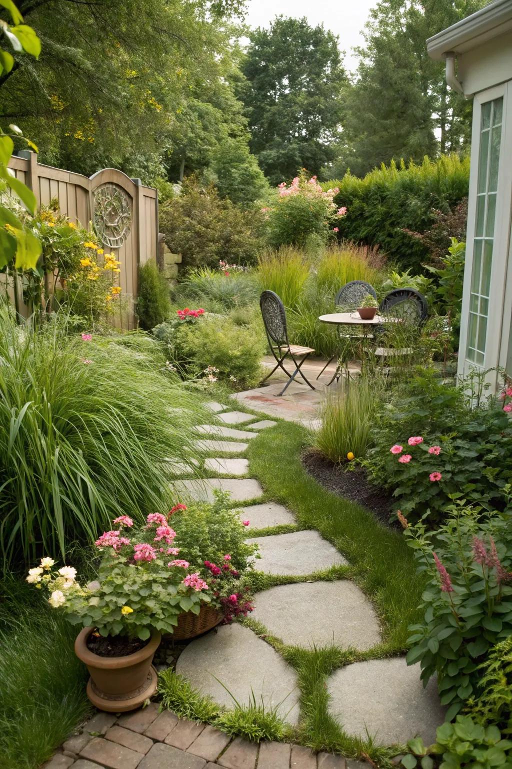 Stepping stones add a whimsical touch to this garden patio path.