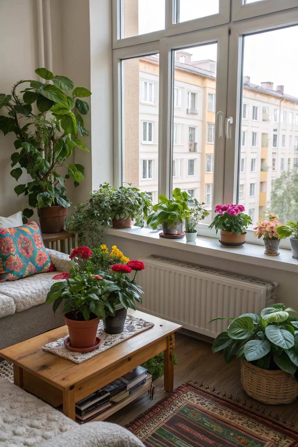 Indoor plants enhance the atmosphere and air quality in small apartments.