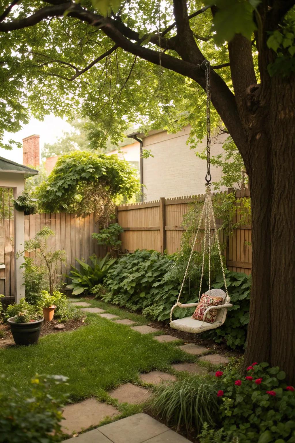 A swing adds a playful and relaxing touch to any backyard.