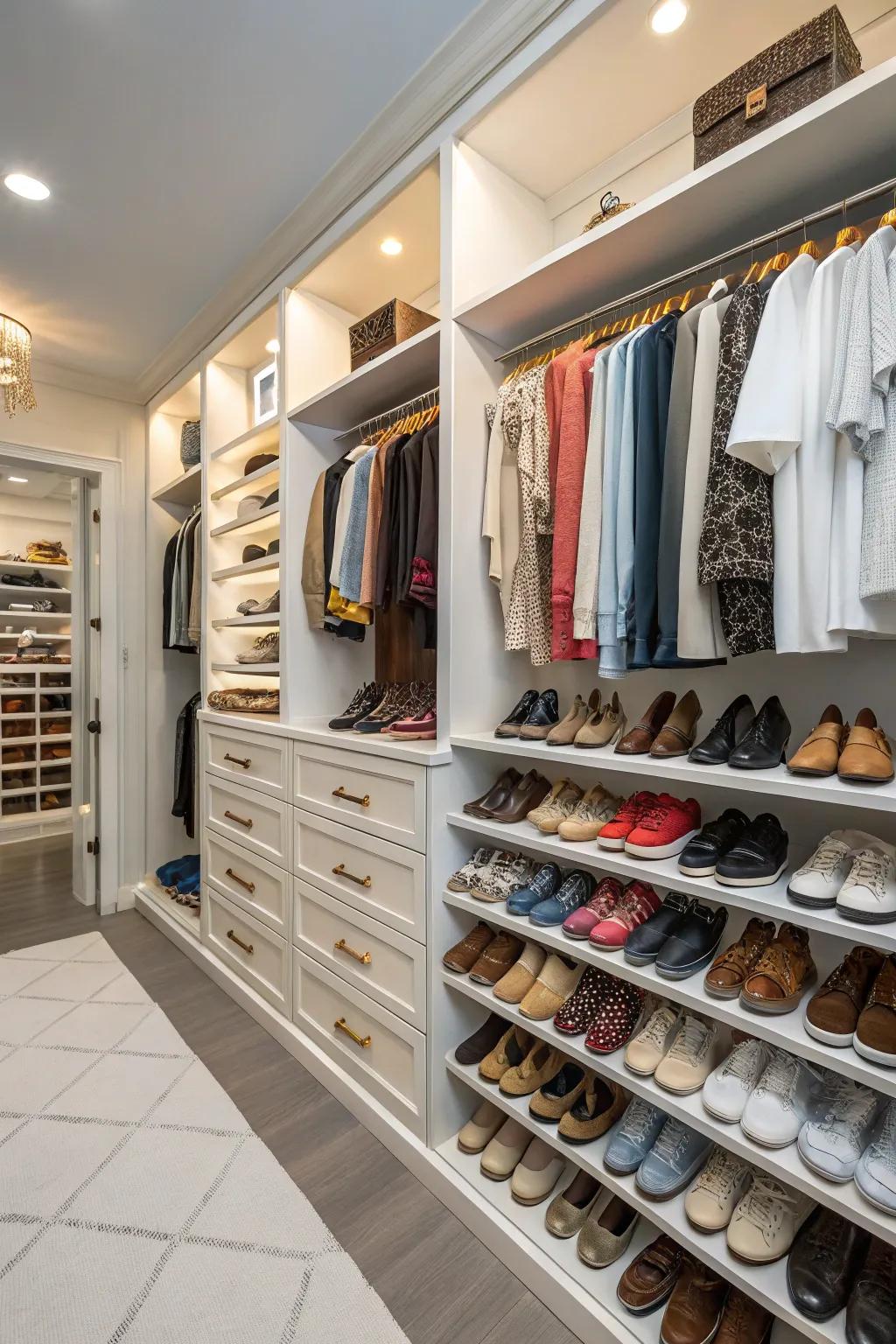 A shoe wall beautifully organizes and displays footwear collections.