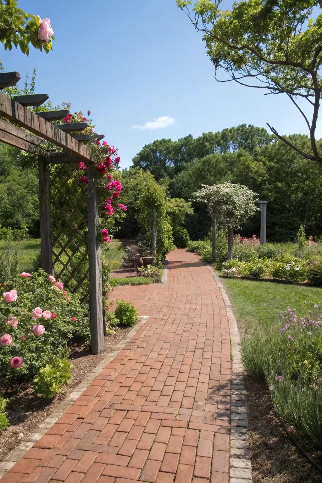 A brick patio with a connecting garden pathway.