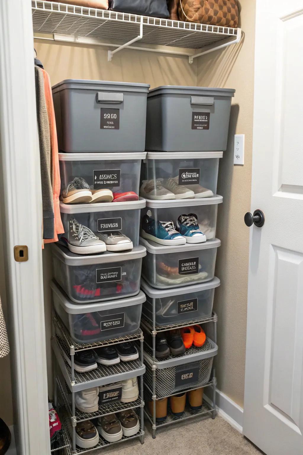 Stackable bins provide organized shoe storage in small spaces.