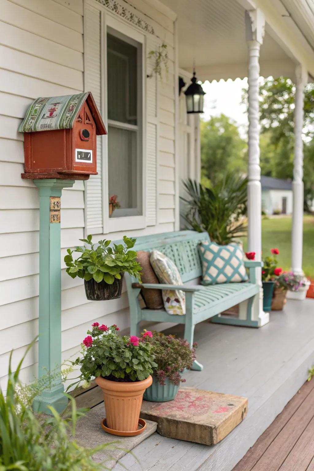 A decorative mailbox adds flair and function.