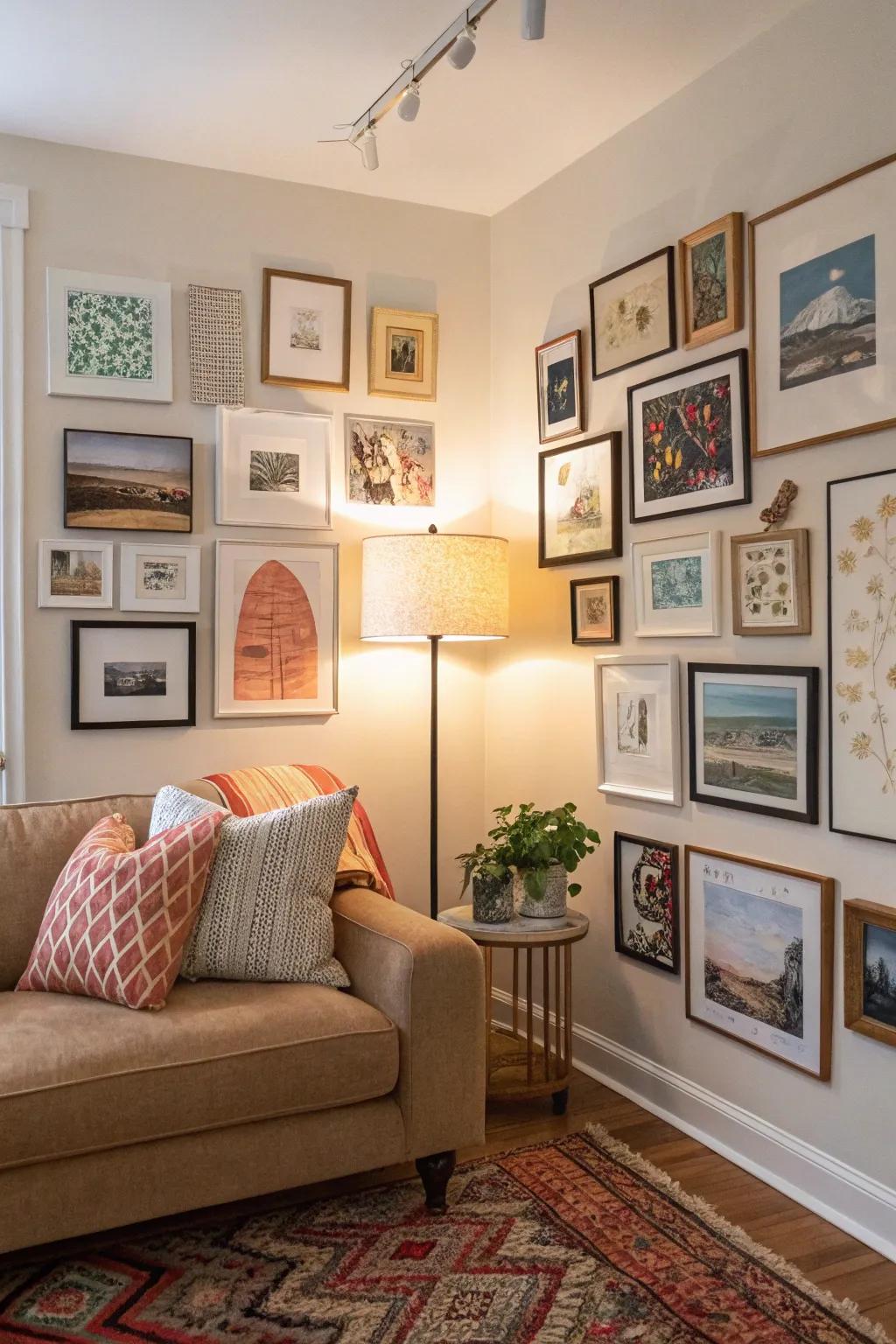 A gallery wall adds height and personality without occupying space.