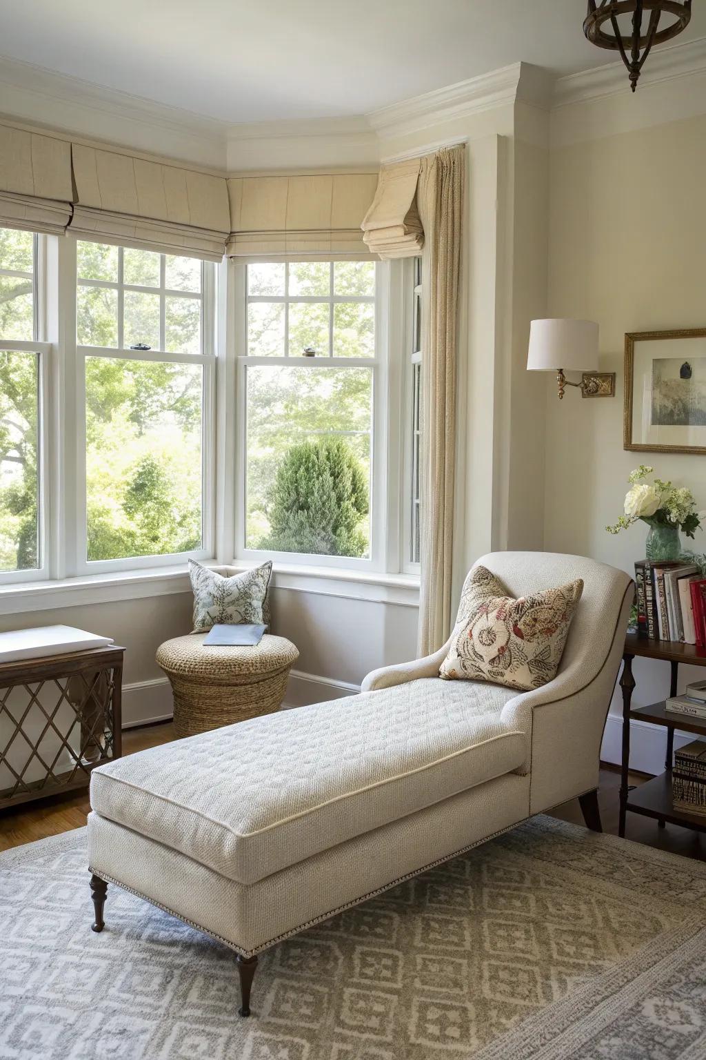 An elegant integration of a chaise lounge within a bay window.